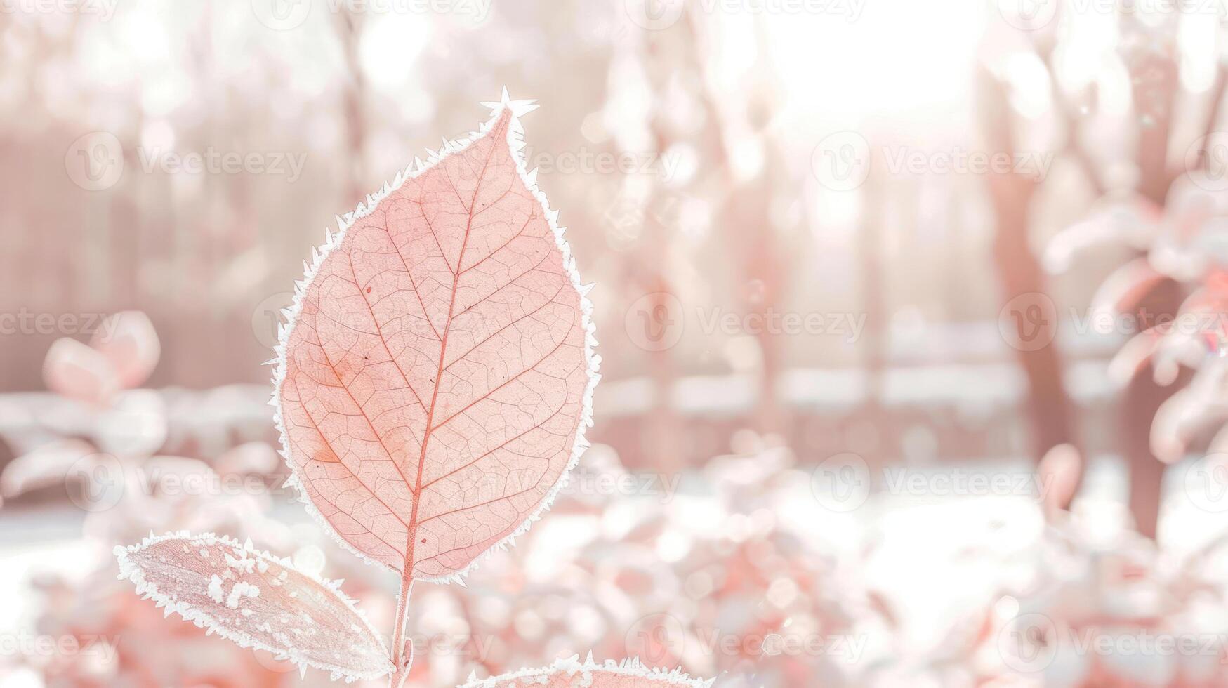 Delicate frost-covered leaf glistening in soft sunlight amidst a serene winter landscape photo