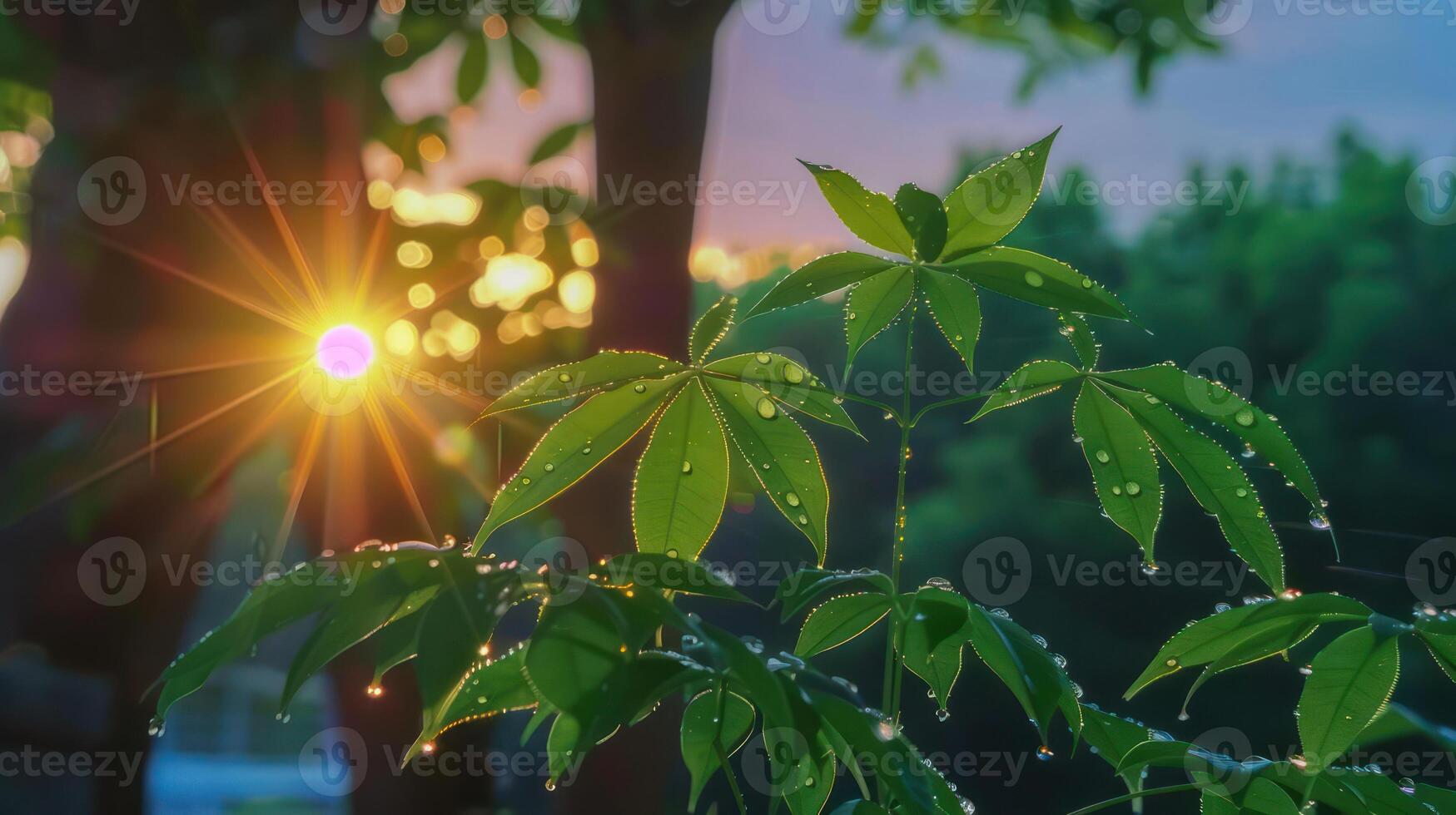 Sunlight filtering through lush green leaves with droplets, creating a serene nature scene photo