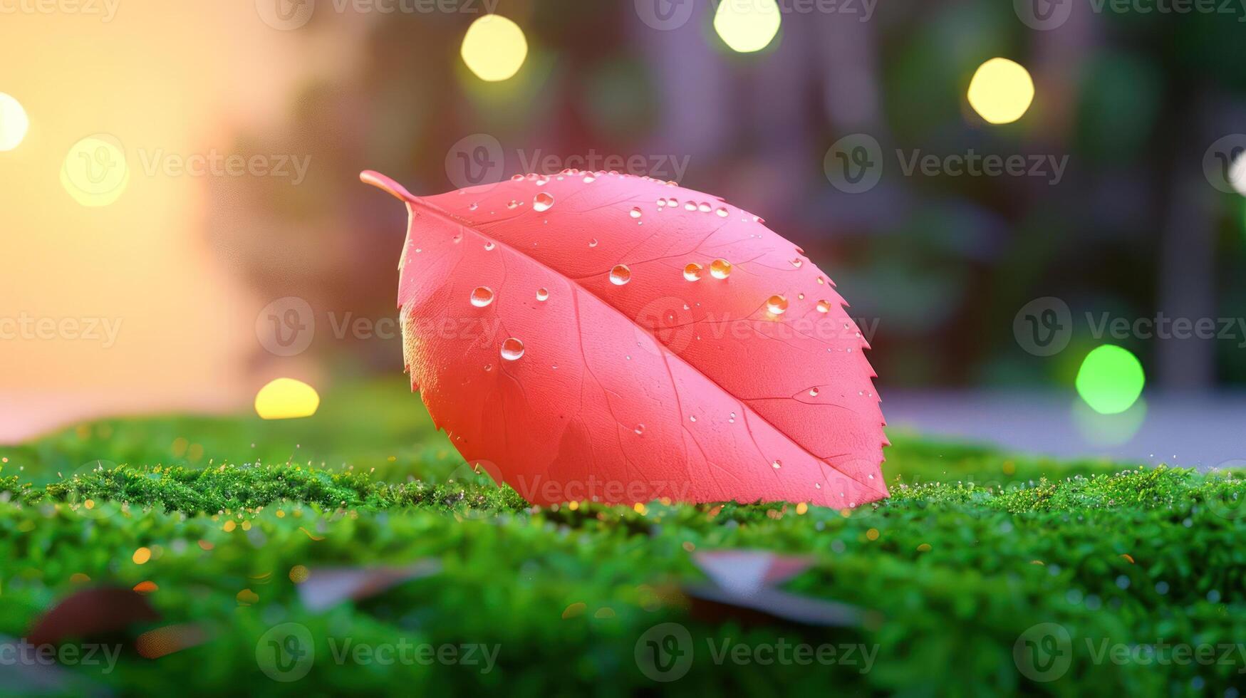 Vibrant pink leaf with droplets resting on green moss, illuminated by soft background lights photo