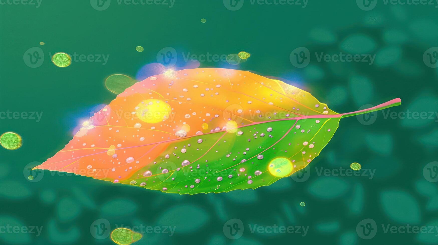 Vibrant leaf glistening with dew drops, surrounded by a soft bokeh background of foliage photo