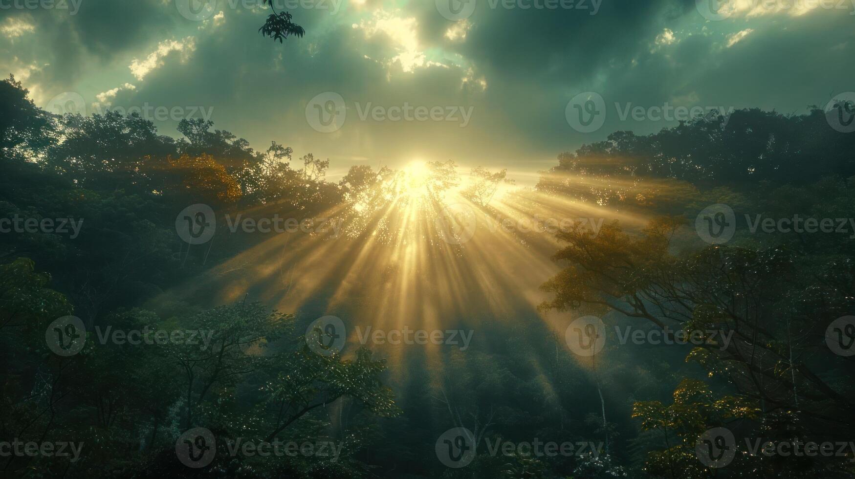 Sunlight streaming through dense forest canopy, illuminating the lush undergrowth and distant trees photo