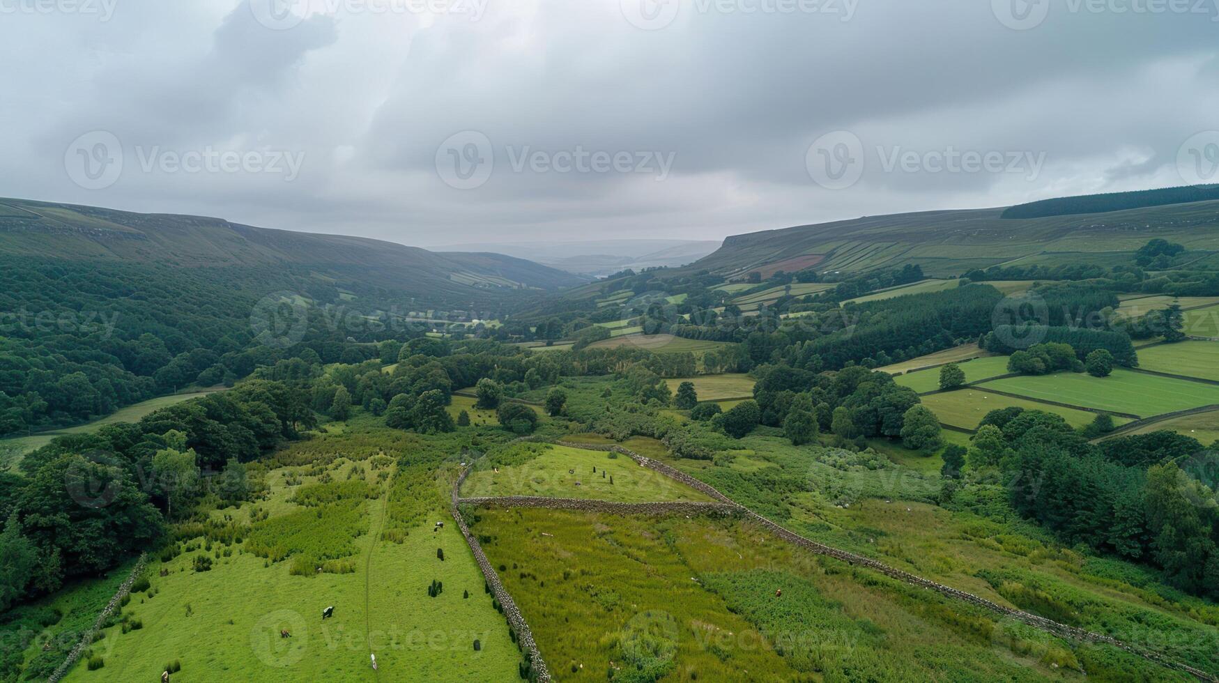 Aerial view of a lush green valley surrounded by rolling hills and cloudy skies photo
