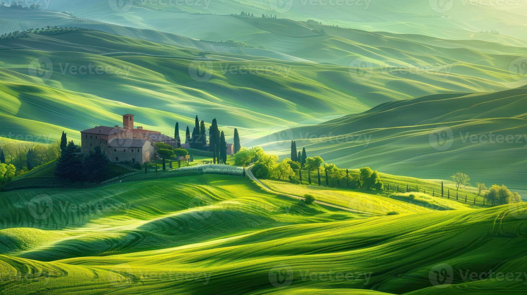 Serene rolling hills of Tuscany with lush green fields and a rustic farmhouse in the distance photo