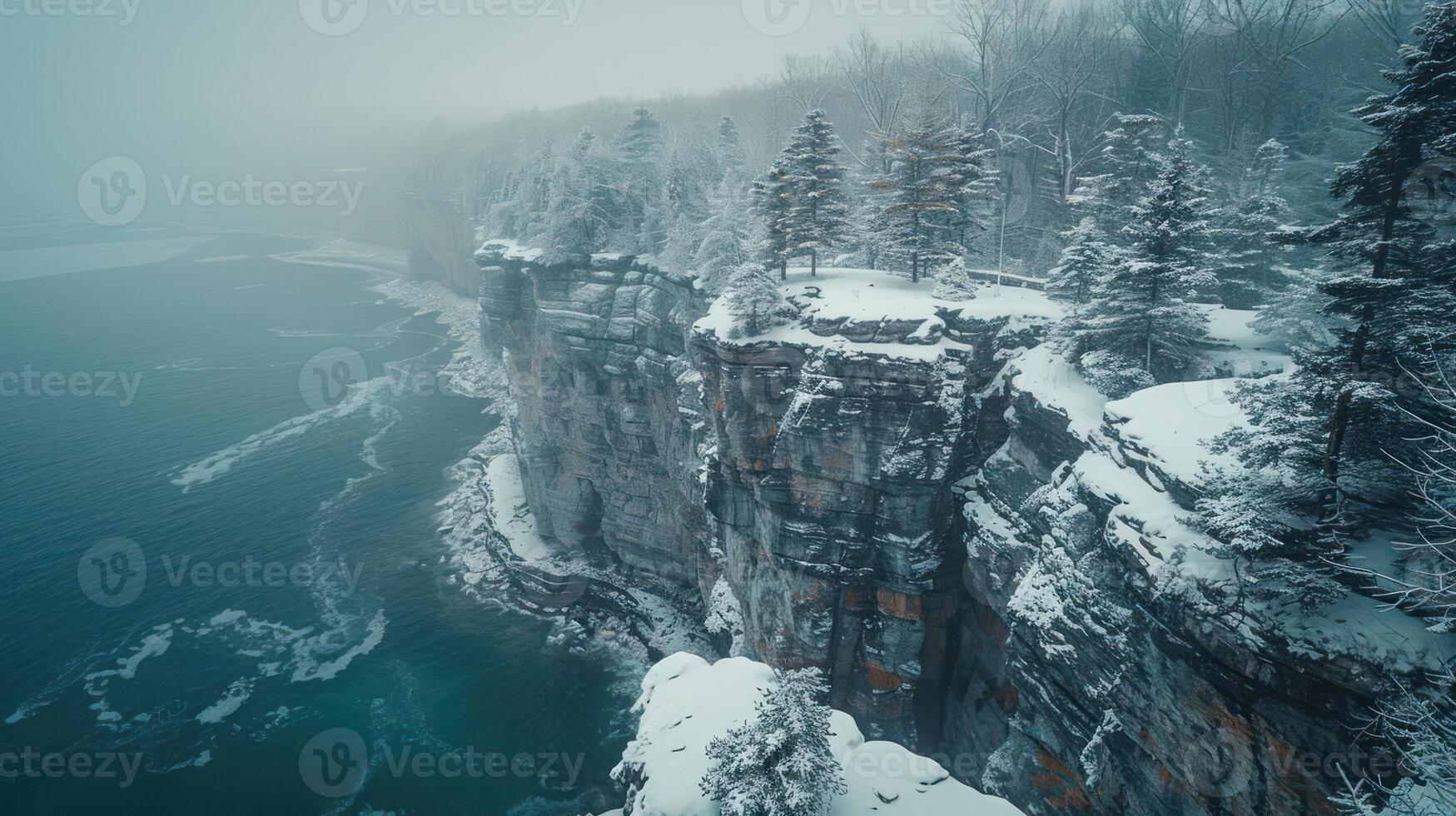 Snow-covered cliffs overlooking a misty ocean with evergreen trees in a serene winter landscape photo