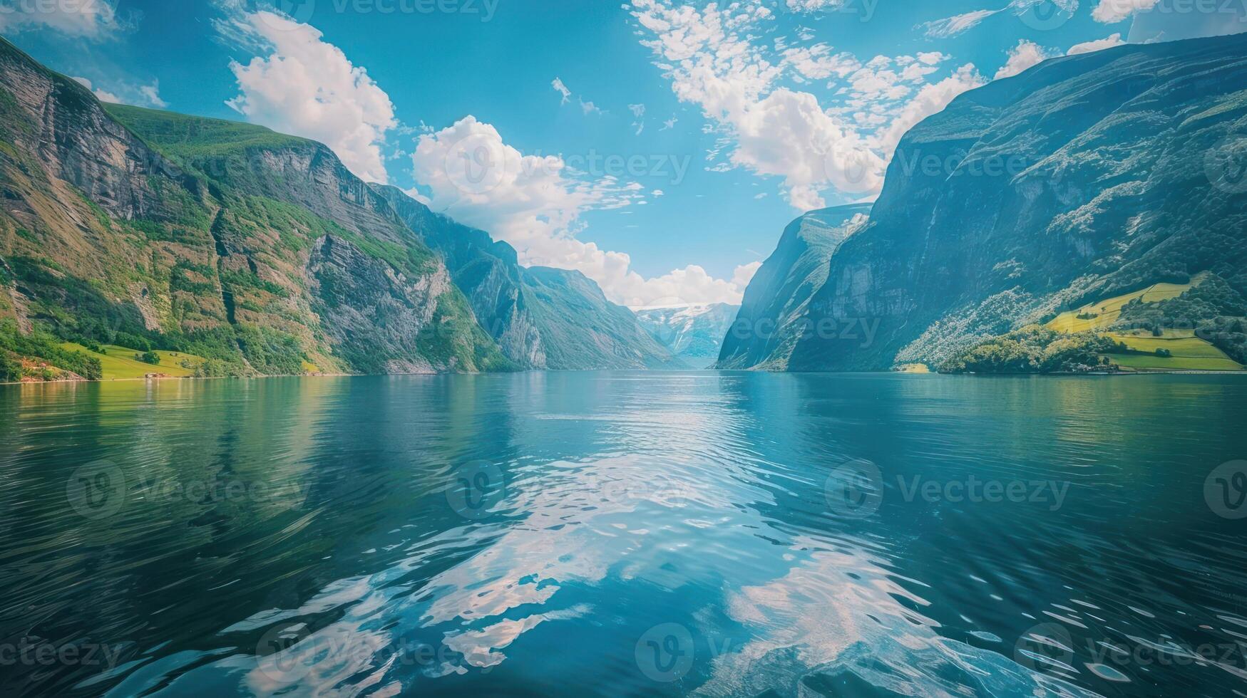 Serene fjord landscape with towering mountains, calm waters, and a clear blue sky reflecting nature's beauty photo