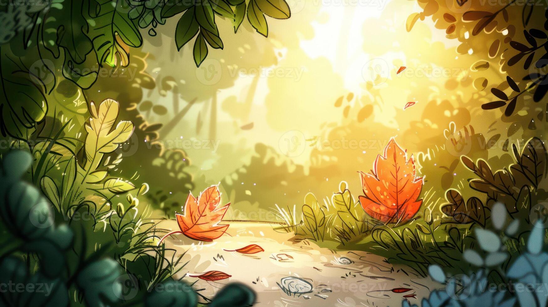 Serene forest path with vibrant autumn leaves illuminated by soft sunlight, surrounded by lush greenery photo