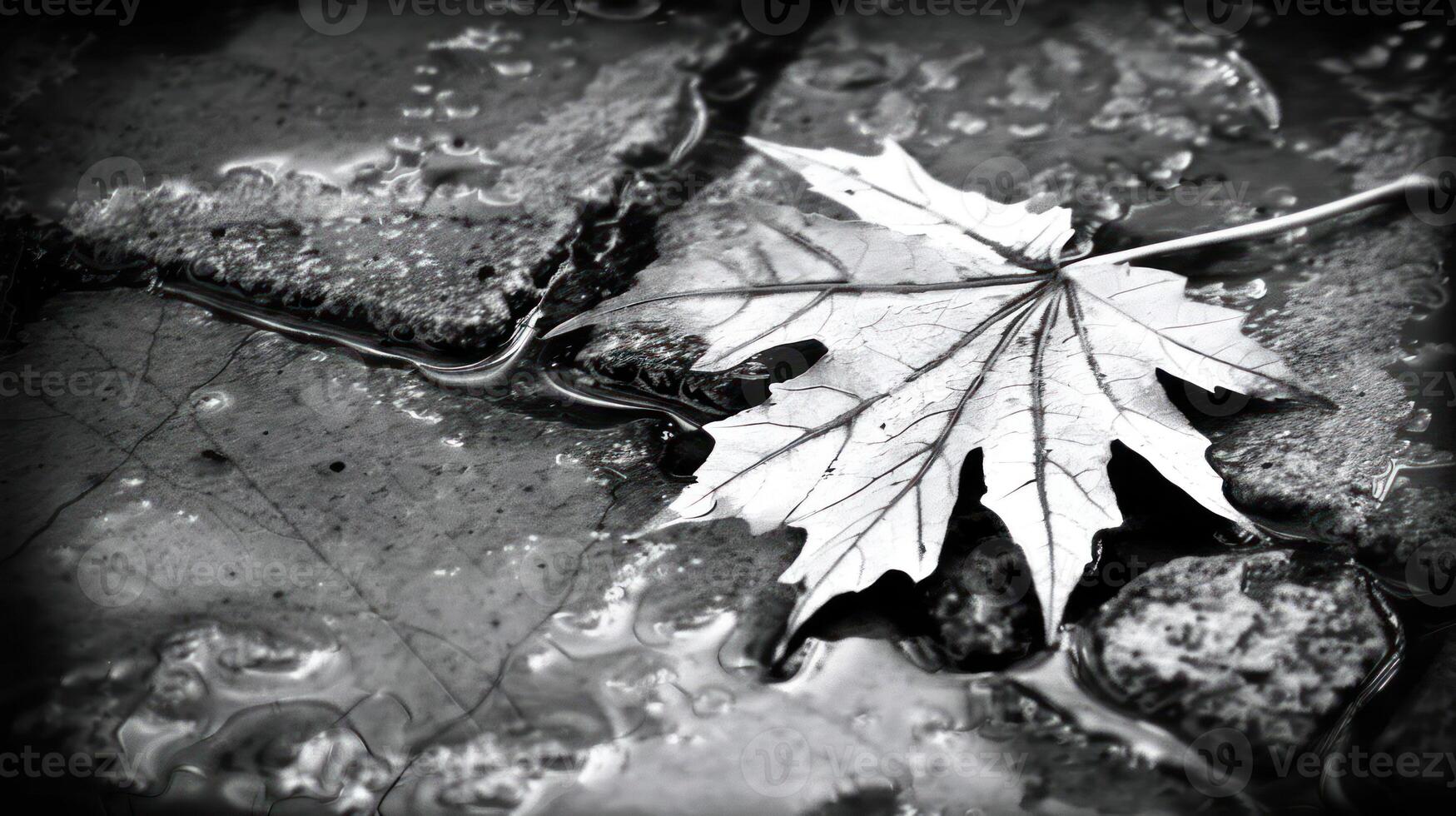 Black and white close-up of a fallen maple leaf resting on wet cobblestones after rain photo