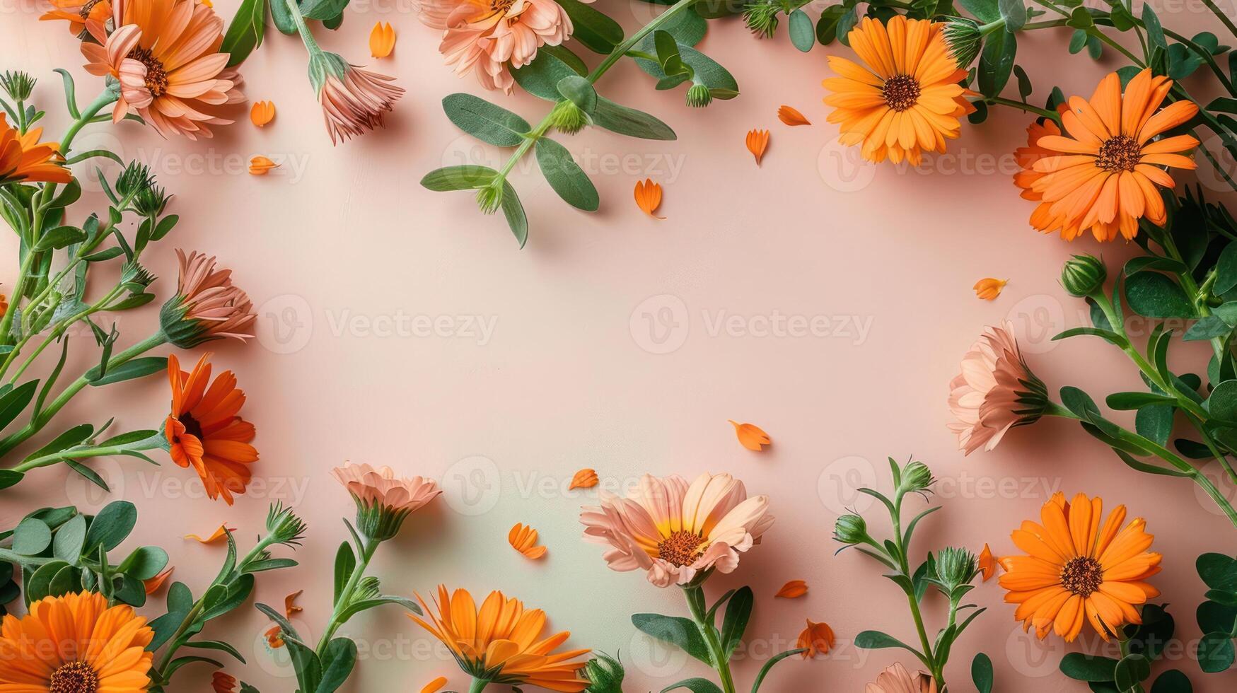 Vibrant orange flowers arranged beautifully on a soft pastel background, creating a serene atmosphere photo