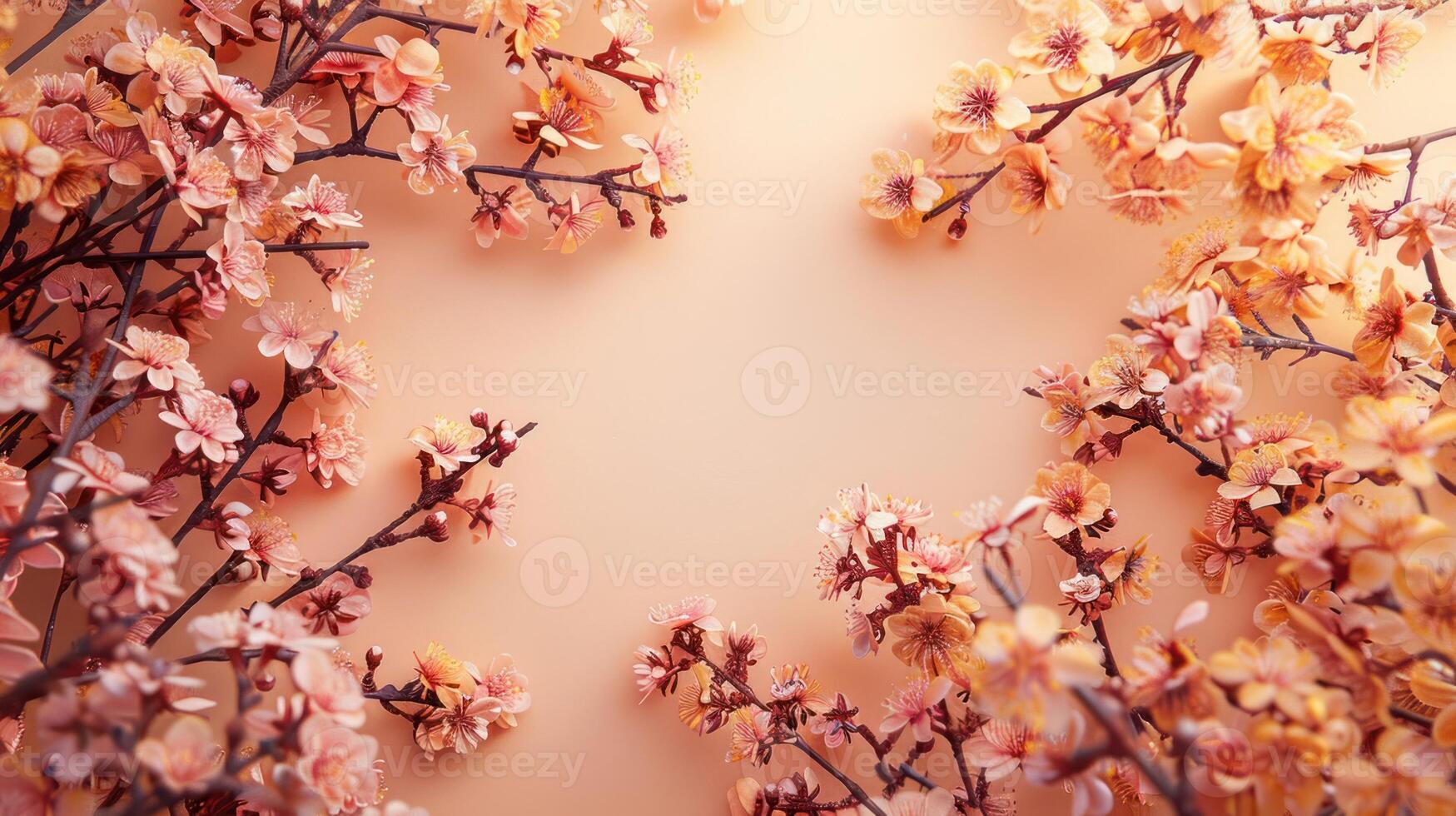 Delicate pink cherry blossoms arranged beautifully on a soft peach background, creating a serene atmosphere photo
