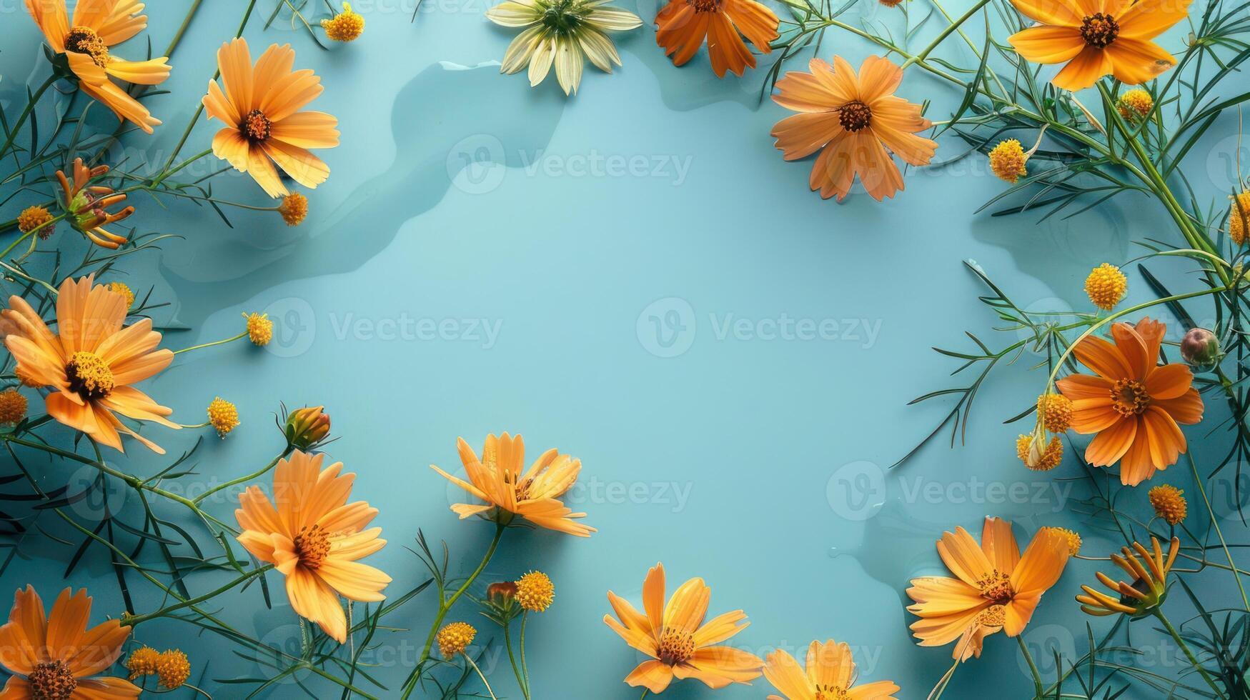 Vibrant orange flowers arranged on a blue surface with droplets, creating a fresh and lively atmosphere photo