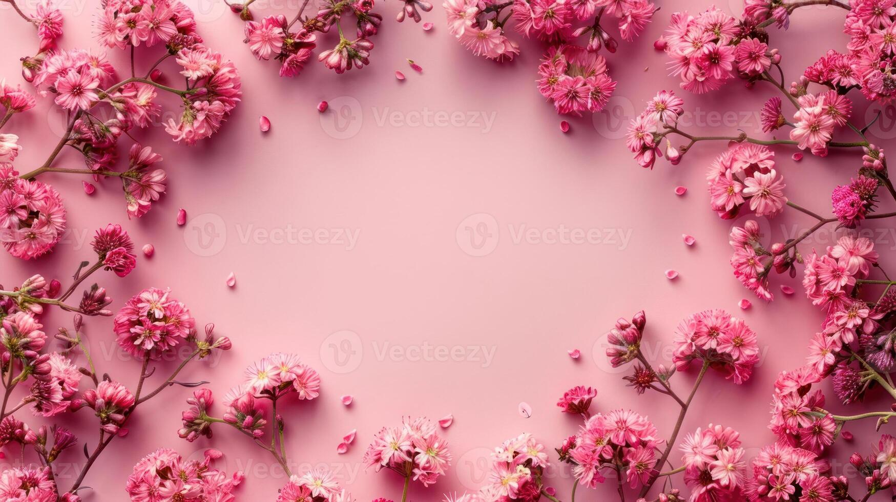 Delicate pink flowers arranged in a circular pattern on a soft pink background, ideal for spring themes photo