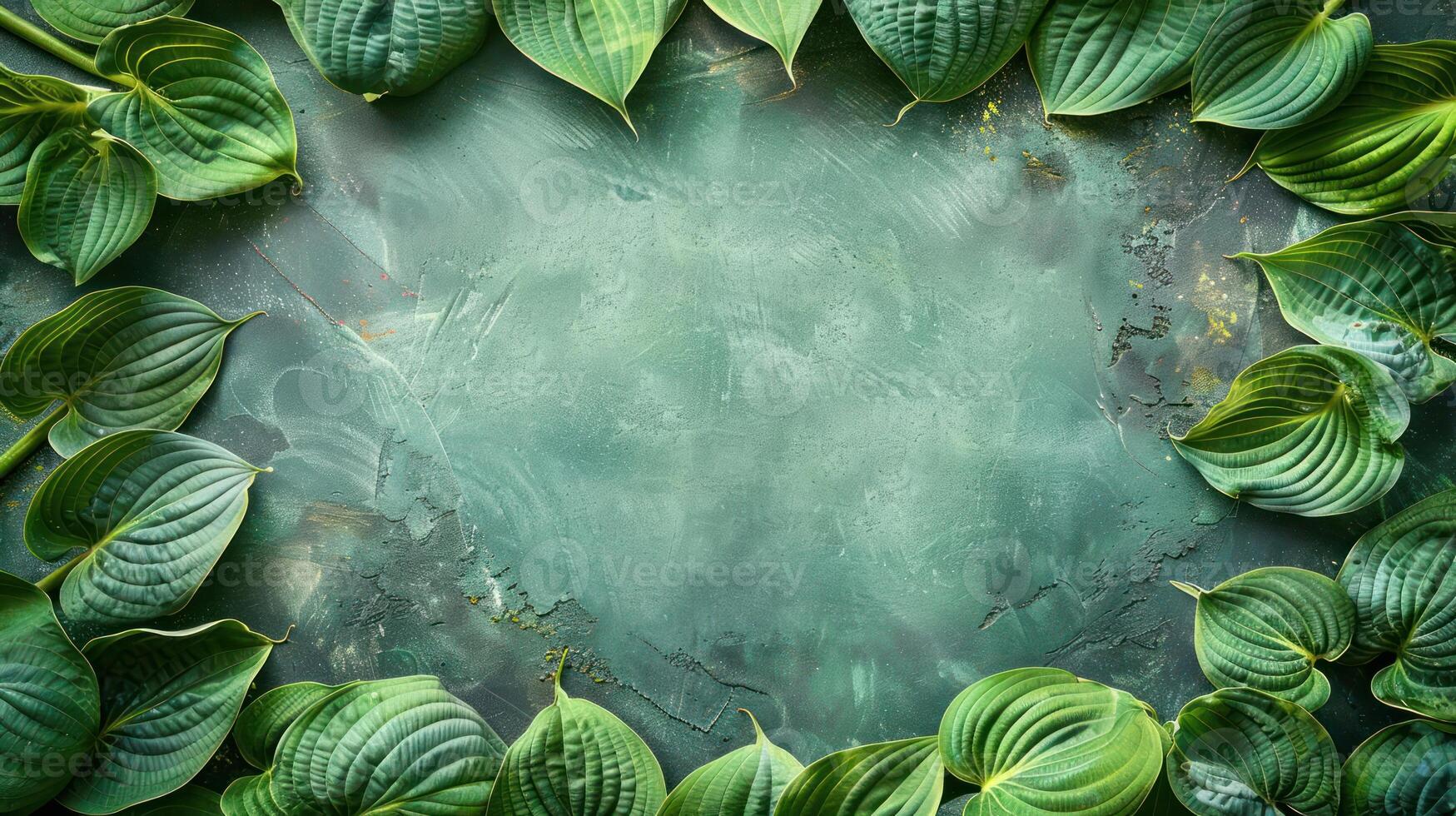 Lush green hosta leaves framing a textured green surface, evoking nature's tranquility and beauty photo