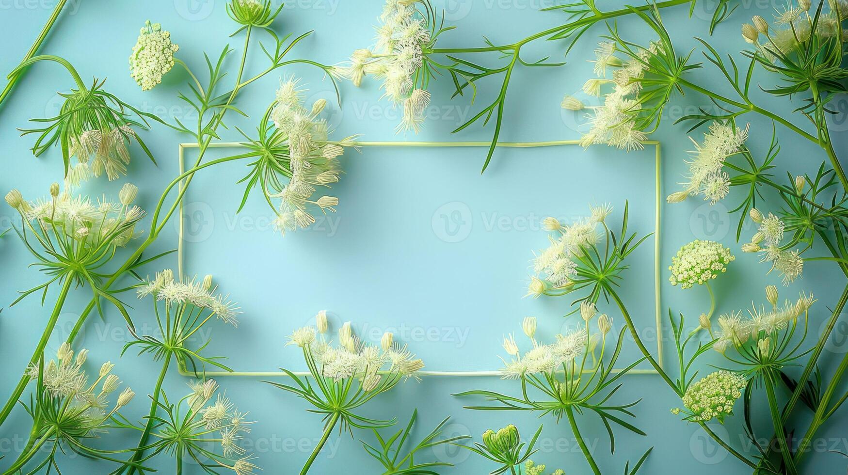 Delicate white flowers arranged around a blank frame on a soft blue background, ideal for invitations photo