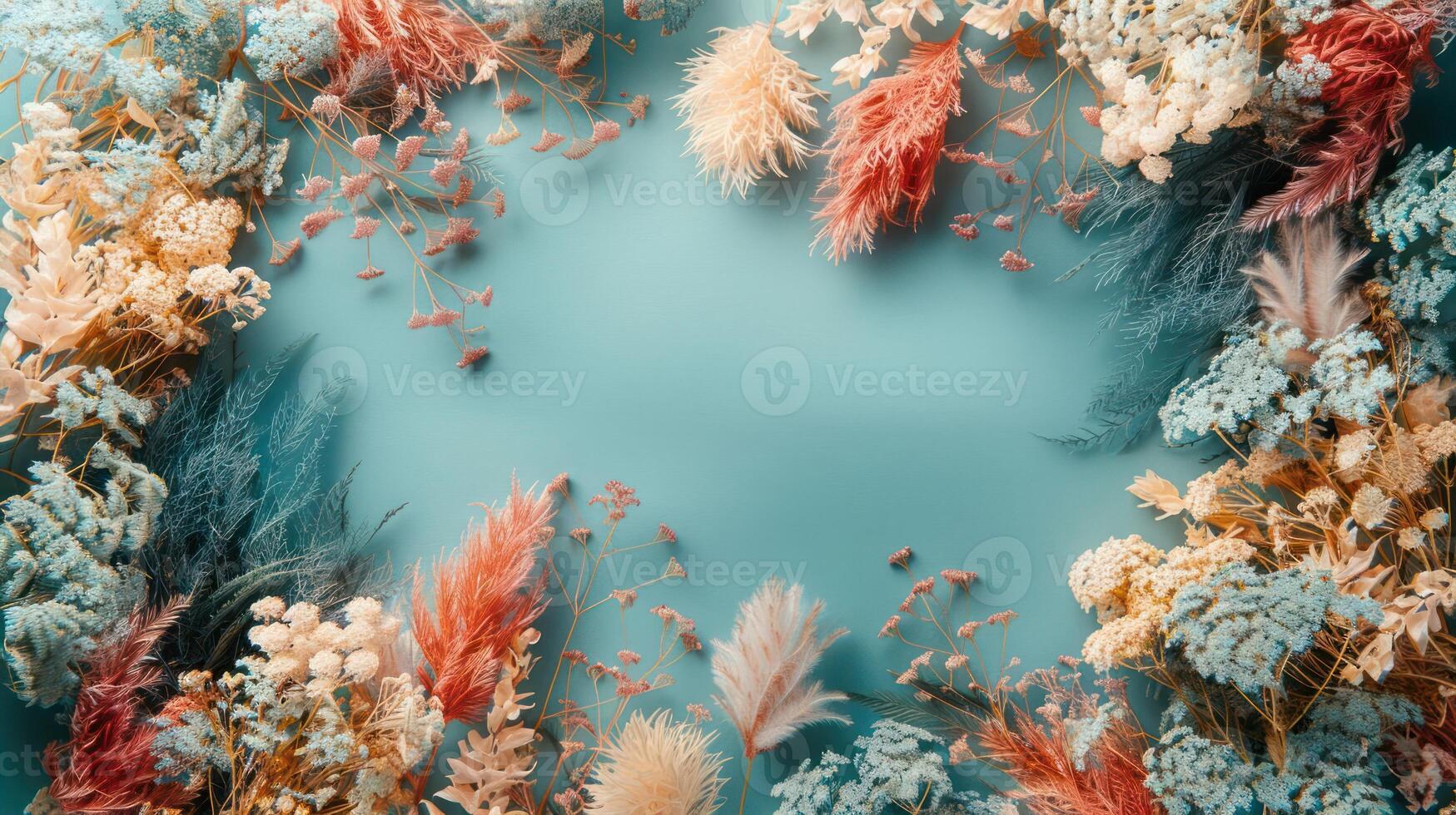 Vibrant floral arrangement with pastel colors framing a serene blue background for creative use photo