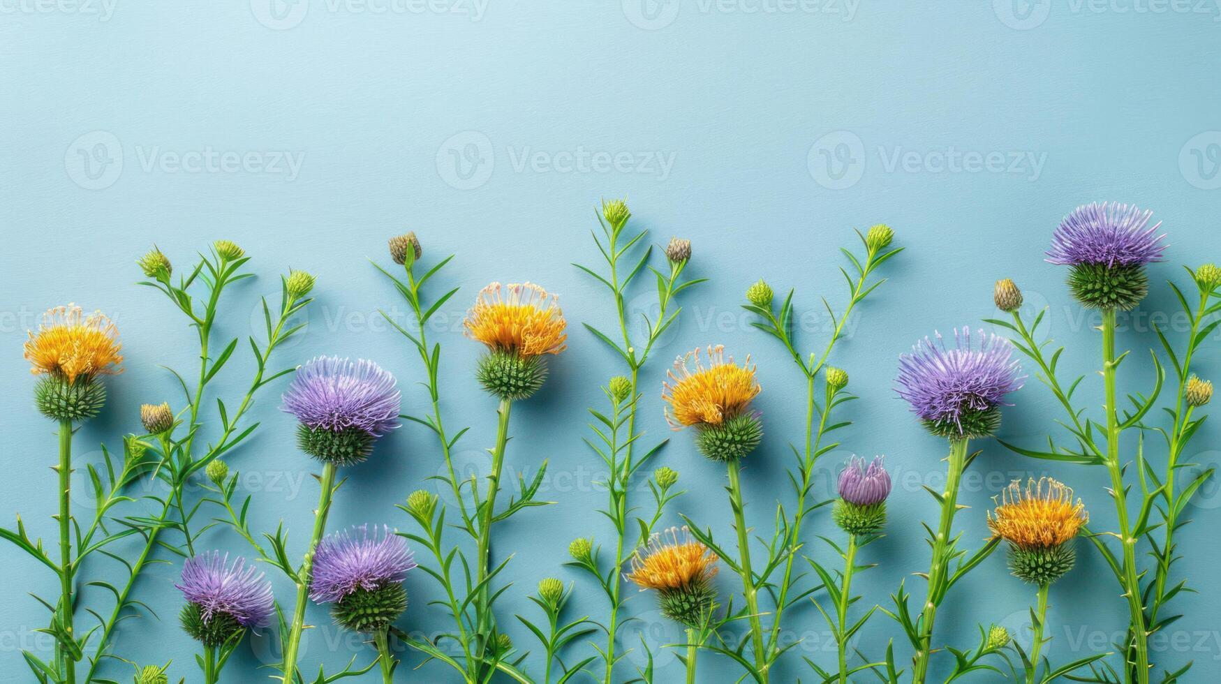 Colorful wildflowers arranged on a soft blue background, showcasing nature's beauty and tranquility photo