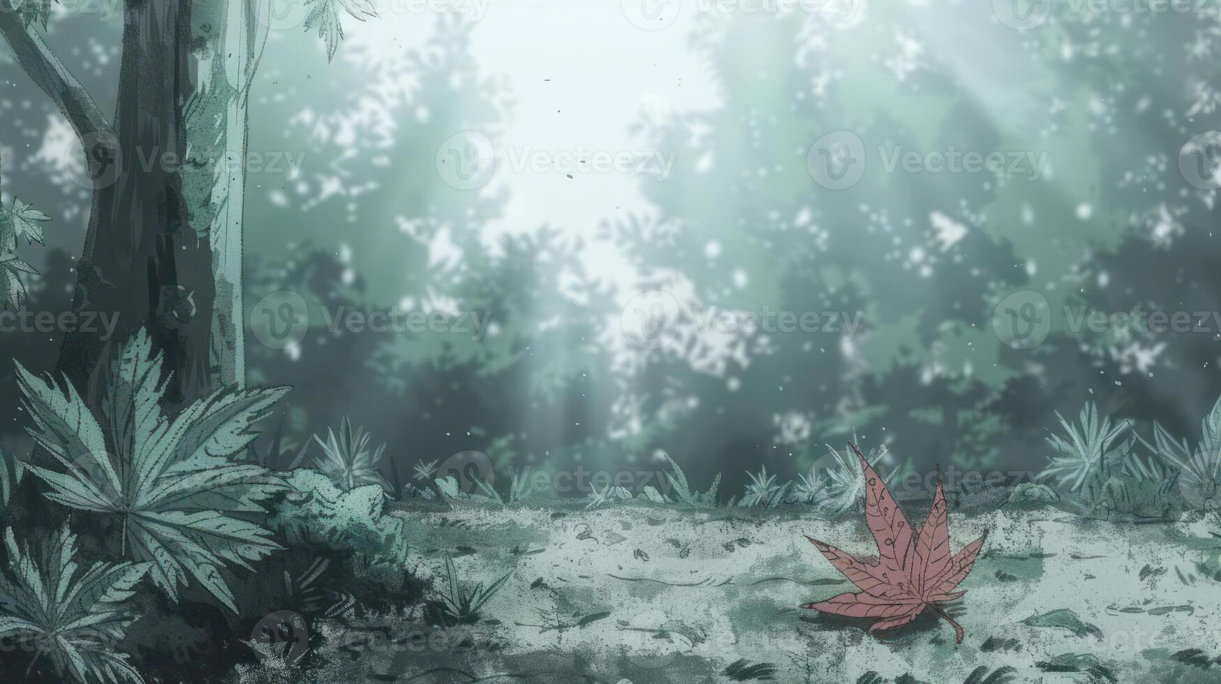 Serene forest scene with sunlight filtering through trees, featuring a single red leaf on the ground photo