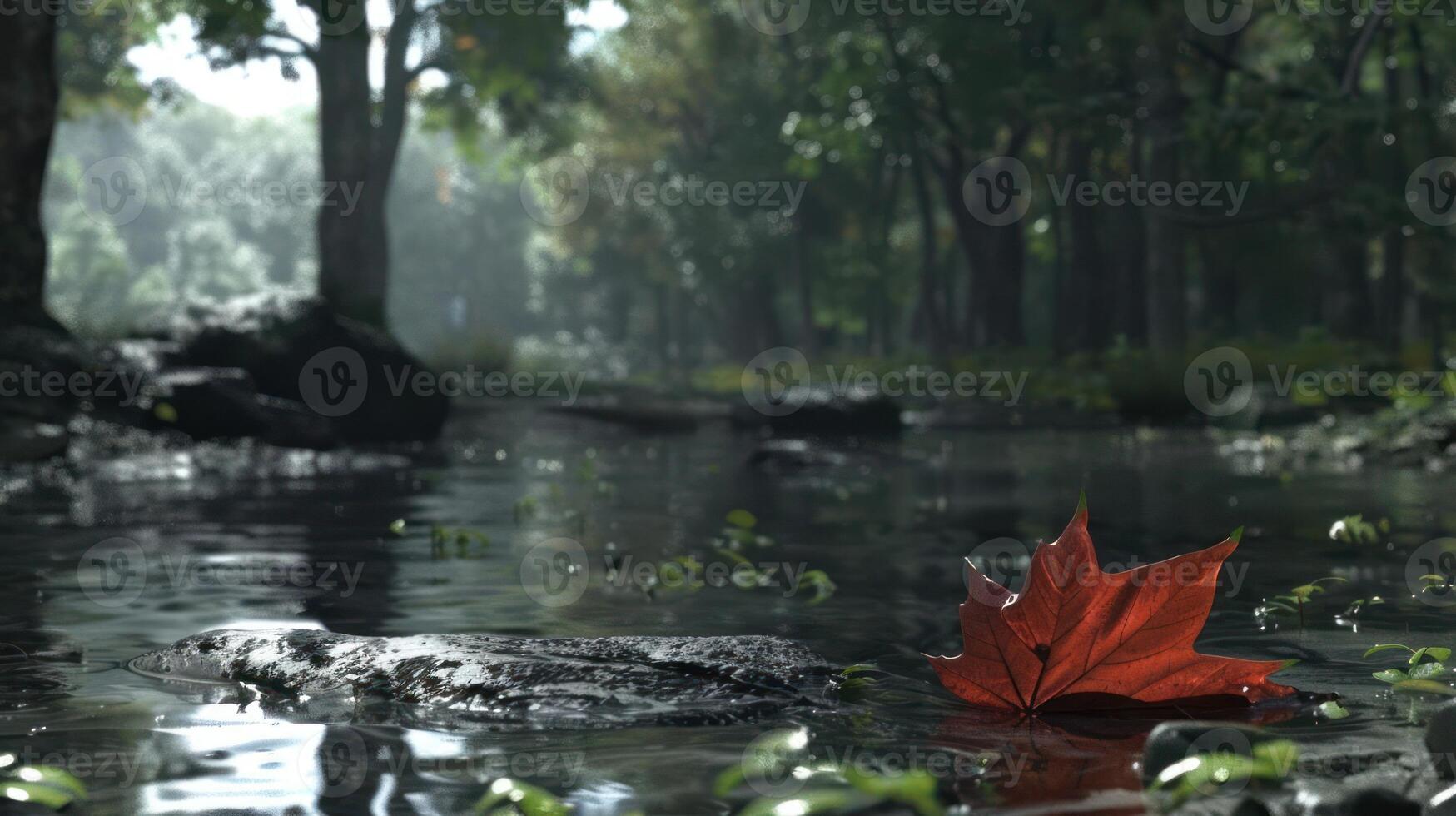Tranquil forest scene with a vibrant red leaf resting on a rock in a serene stream, surrounded by lush greenery photo