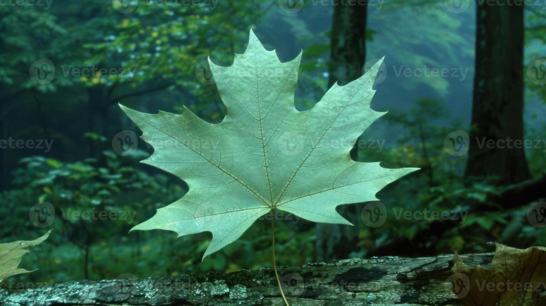 A large green maple leaf stands prominently on a moss-covered log in a serene forest setting photo