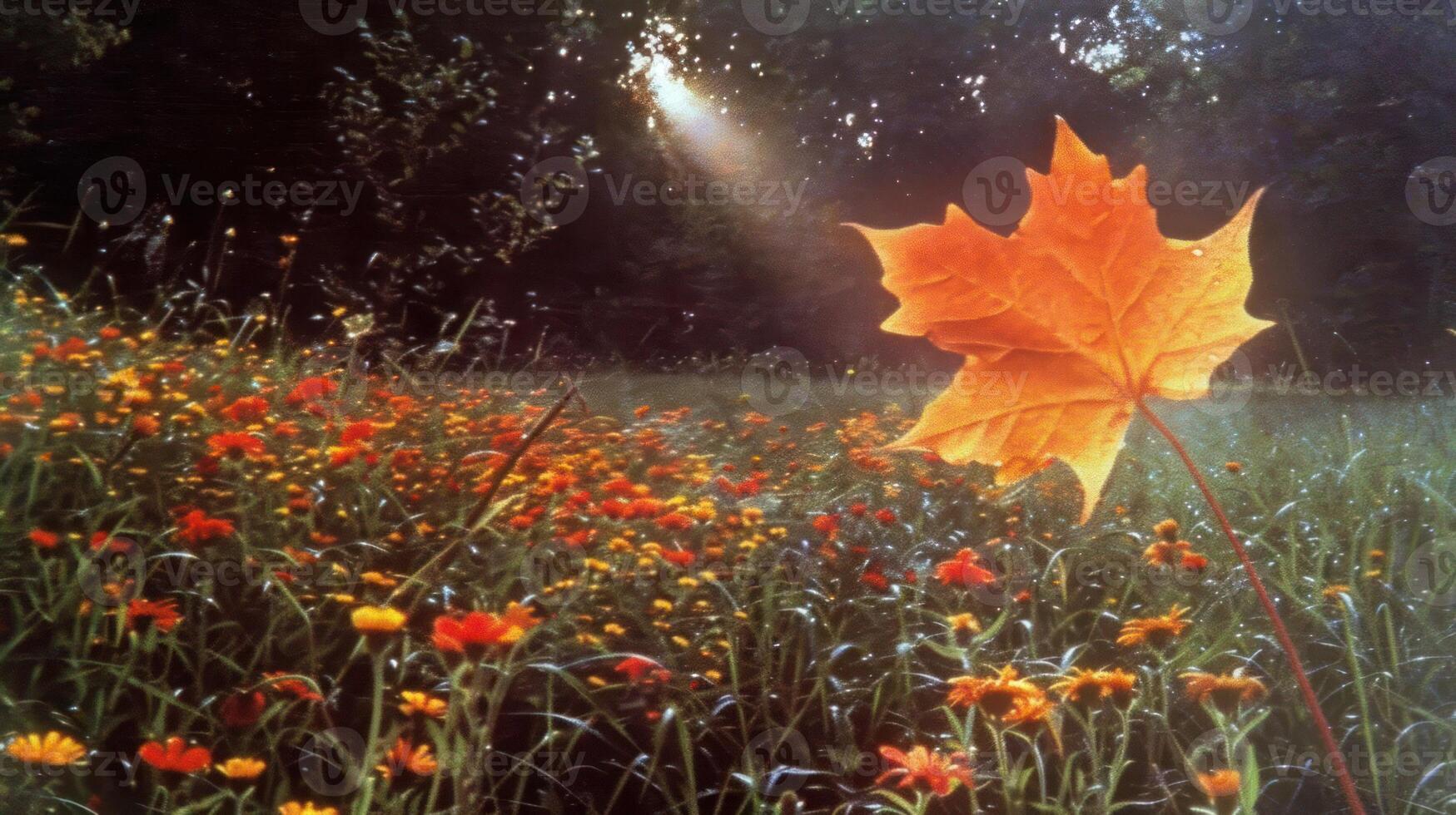 Vibrant autumn scene showcasing a bright orange maple leaf amidst colorful wildflowers in sunlight photo