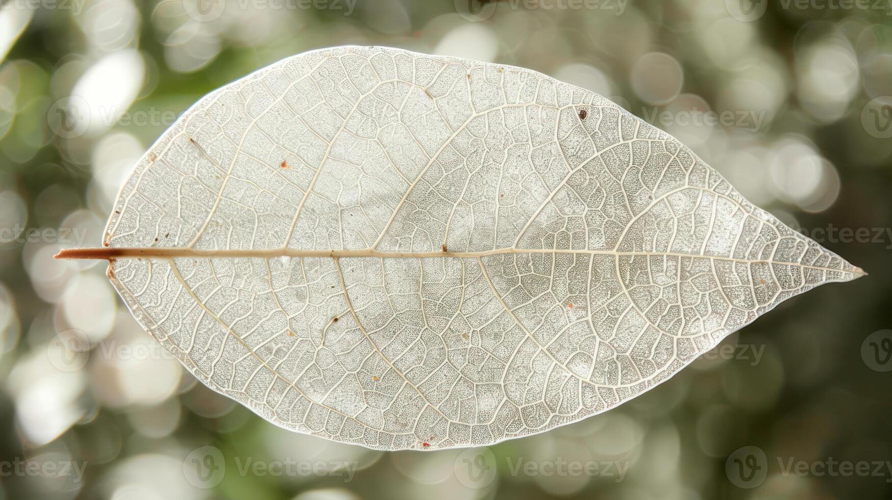 Delicate transparent leaf showcasing intricate vein patterns against a blurred natural background photo