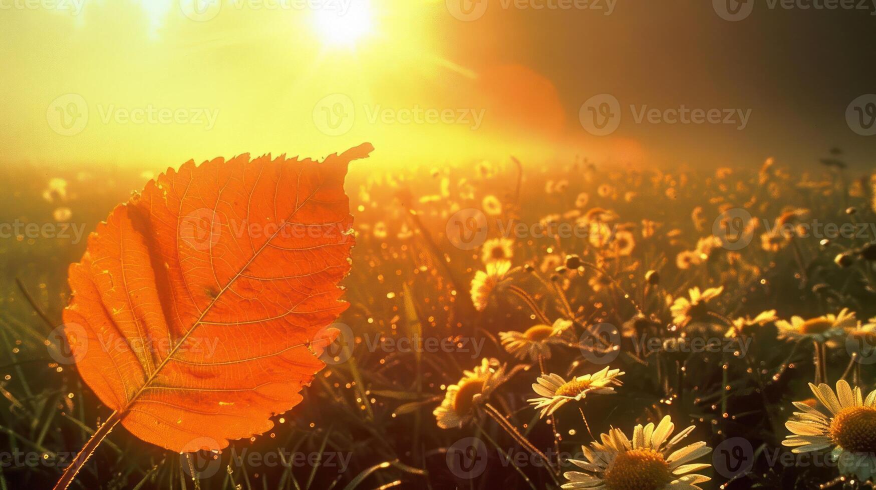 Vibrant autumn leaf in the foreground with a sunlit meadow of daisies and misty background photo