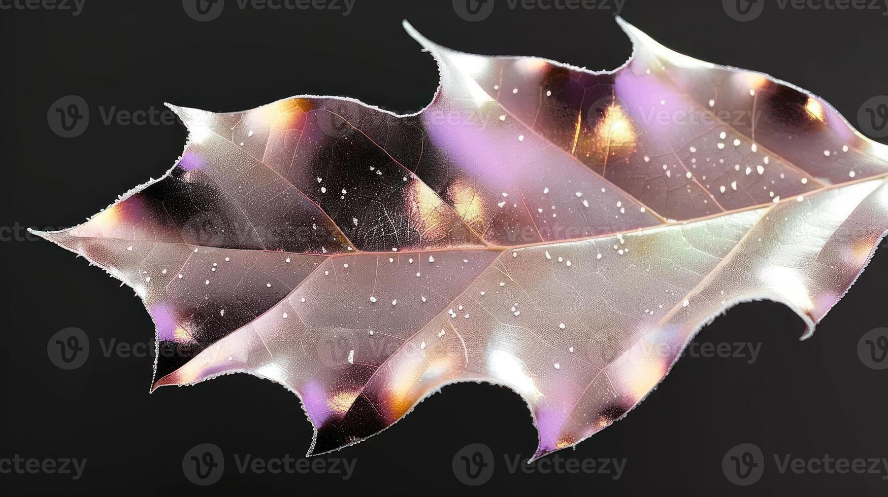 Close-up of a translucent leaf showcasing intricate patterns and colors against a dark background photo