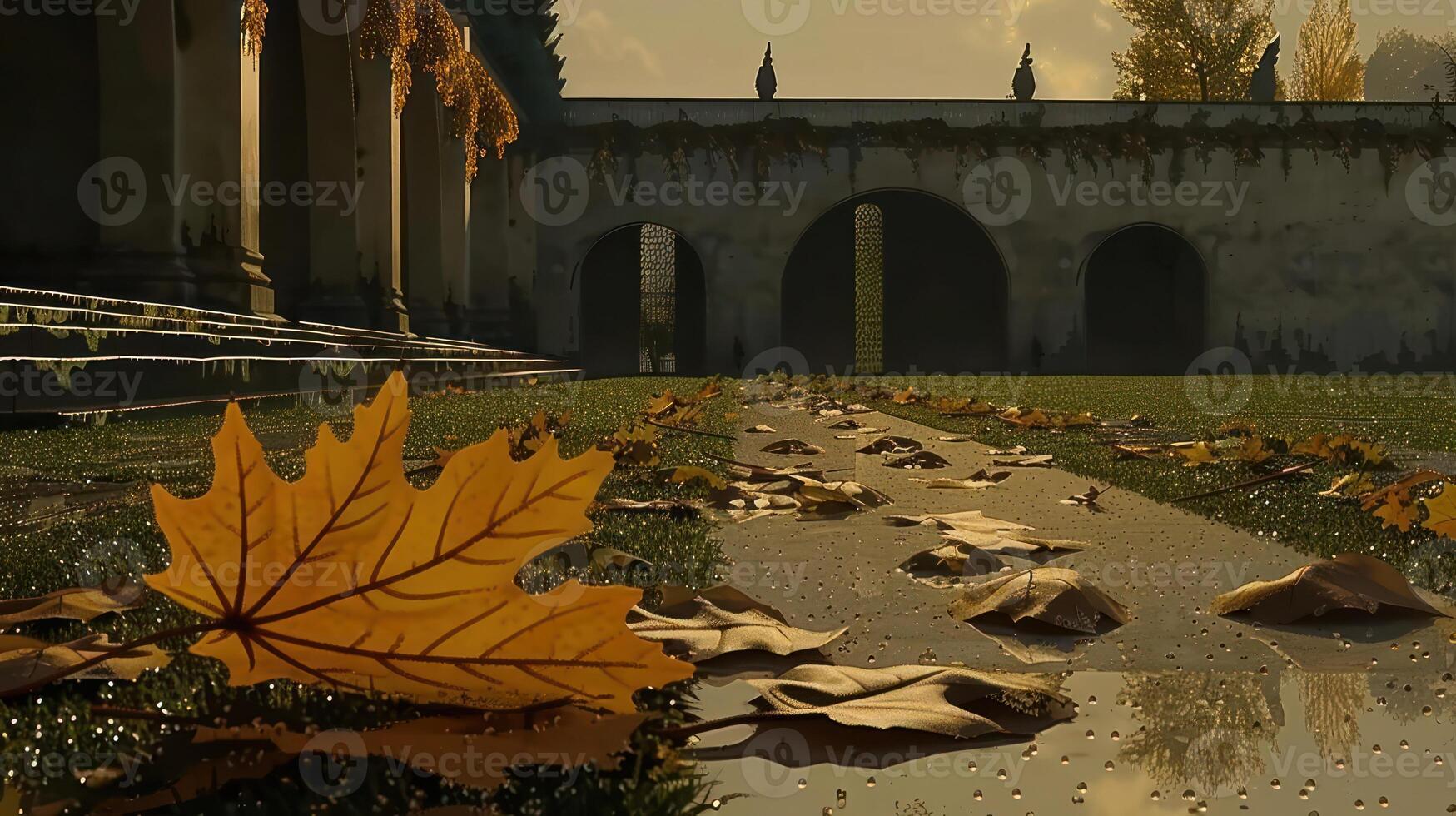 Autumn leaves scattered on a pathway in a serene garden with historic architecture and sunlight photo