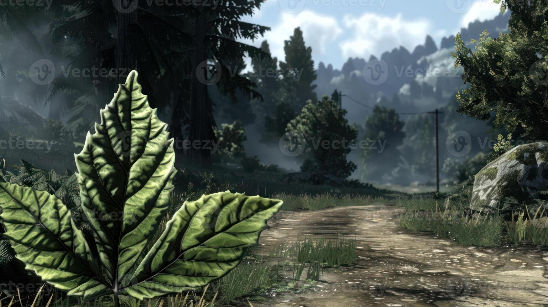 Lush green forest path winding through vibrant foliage under a bright sky with distant mountains photo