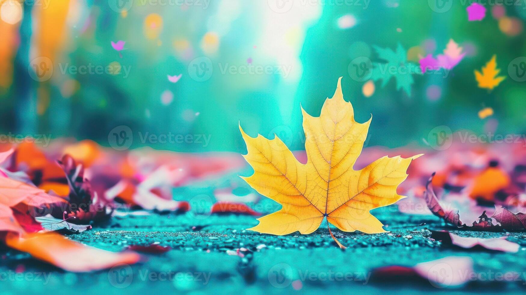 Vibrant autumn scene featuring a yellow leaf on a colorful forest floor with blurred background photo