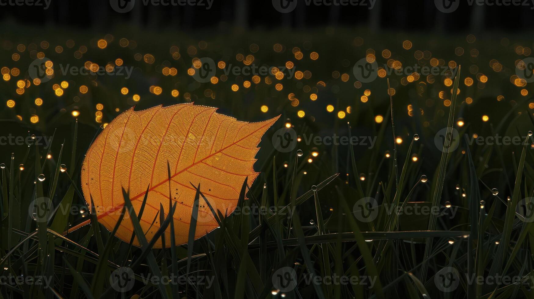 Close-up of a vibrant orange leaf resting on dew-covered grass with glowing fireflies in the background photo