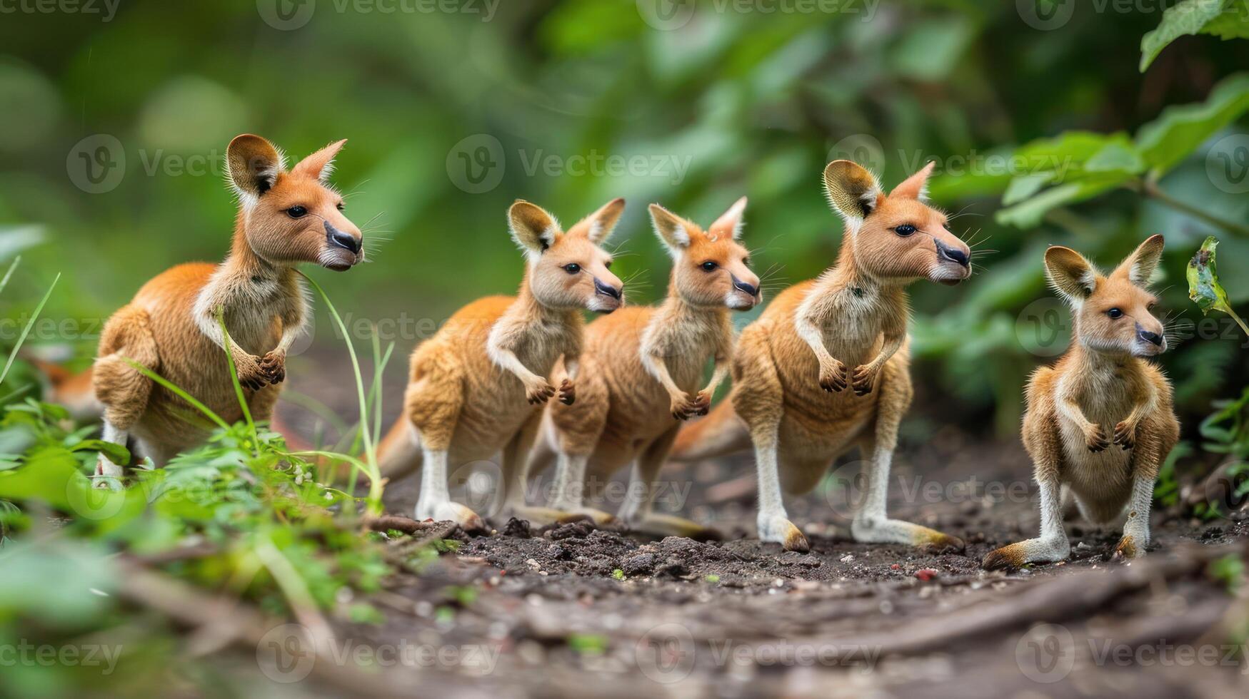 A group of five kangaroos walking along a forest path, surrounded by lush greenery and foliage photo