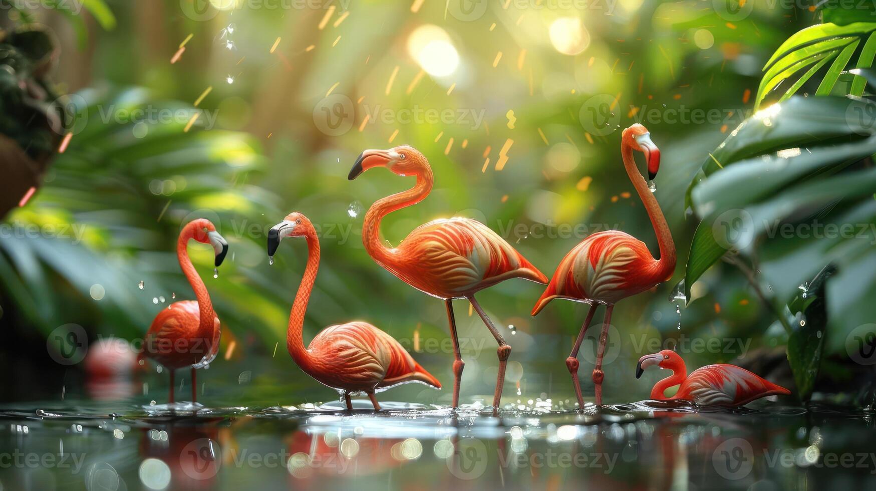 Group of vibrant flamingos wading in a tranquil pond surrounded by lush greenery and sunlight photo