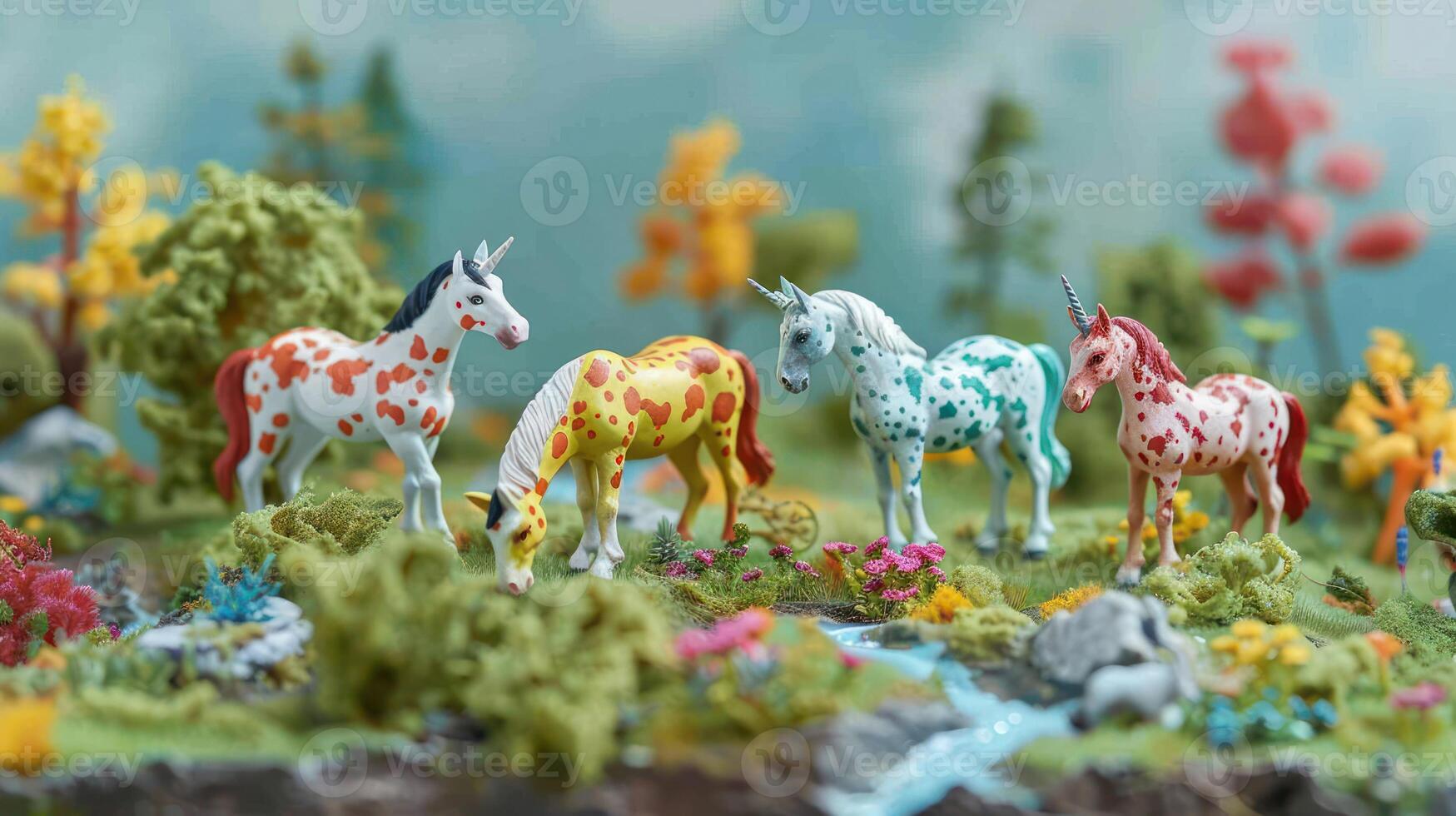 Colorful unicorn figurines grazing in a vibrant, miniature landscape with flowers and trees photo