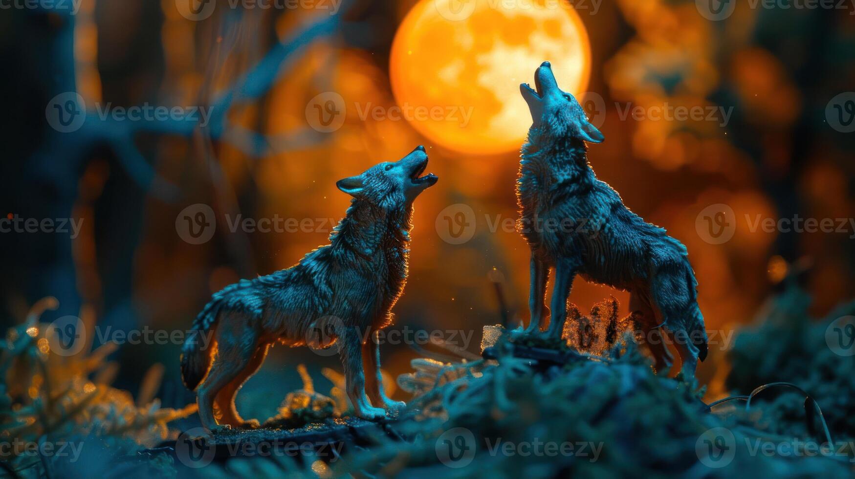 Two wolves howling under a full moon in a mystical forest with glowing foliage and shadows photo