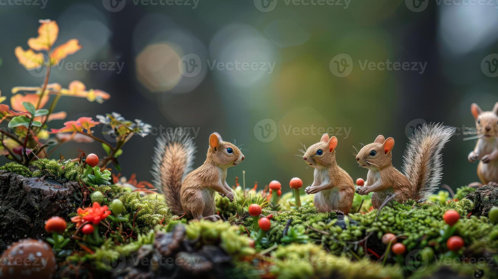 Playful squirrels interacting in a vibrant forest setting with colorful flora and soft bokeh background photo