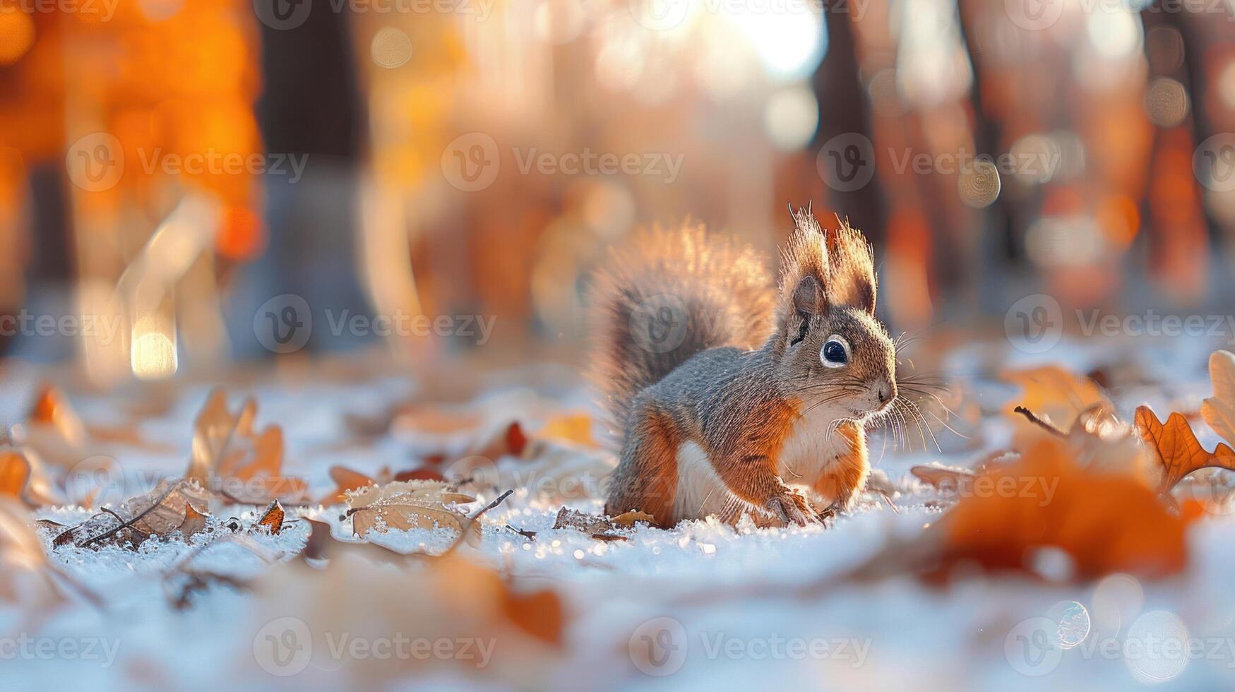 Squirrel scurrying through autumn leaves in a sunlit park surrounded by vibrant trees photo