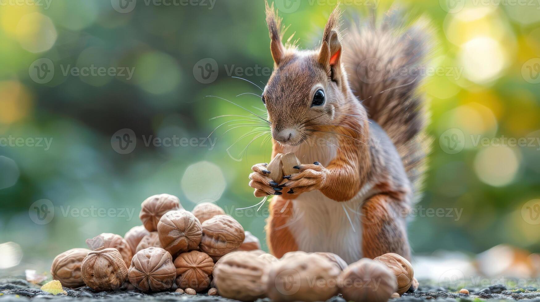Squirrel cracking open a walnut amidst a pile of nuts in a vibrant, blurred natural setting photo
