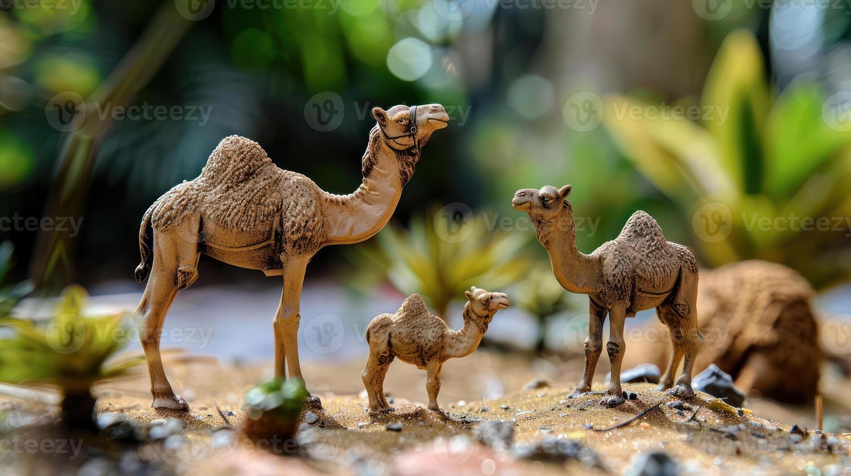 Family of camels interacting in a vibrant desert landscape with lush greenery in the background photo
