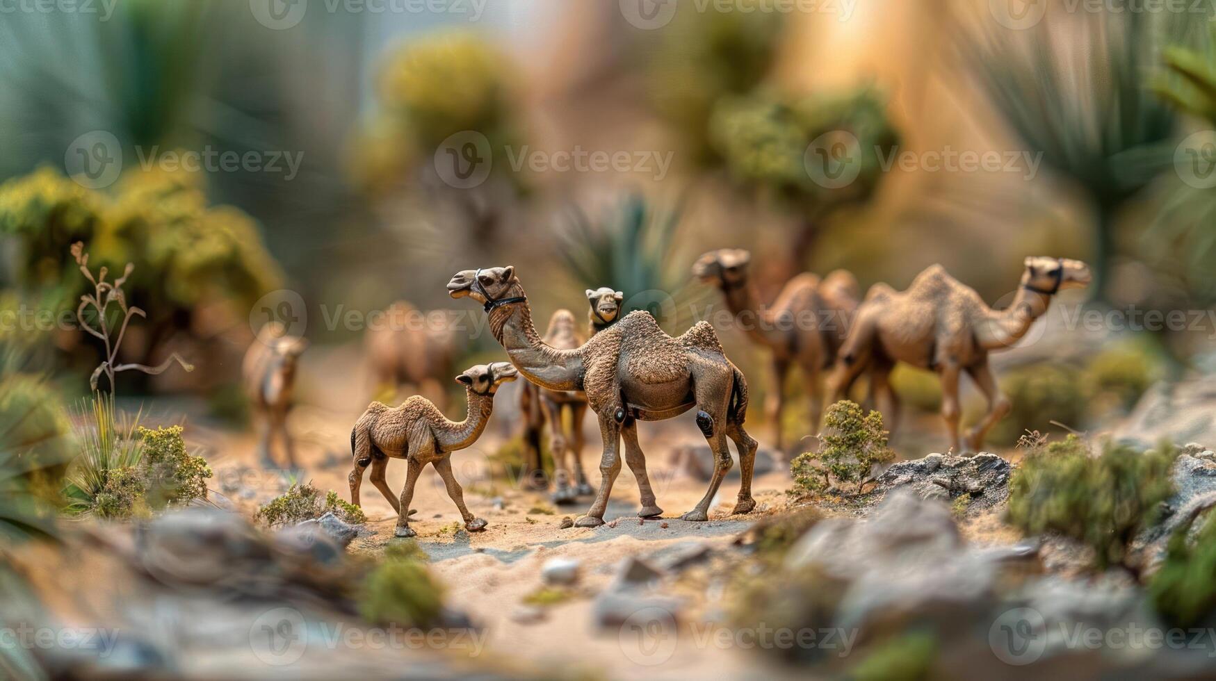A herd of camels traversing a desert landscape surrounded by lush vegetation and distant hills photo