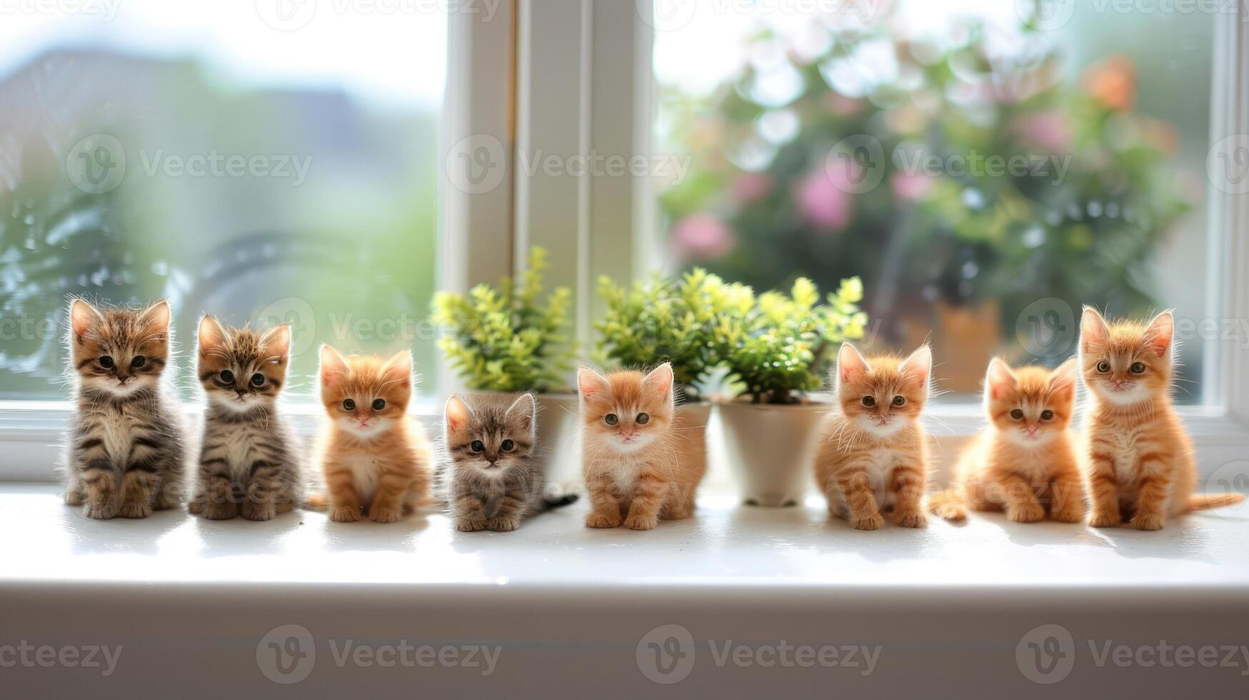 A delightful arrangement of playful kittens sitting on a windowsill with greenery in the background photo