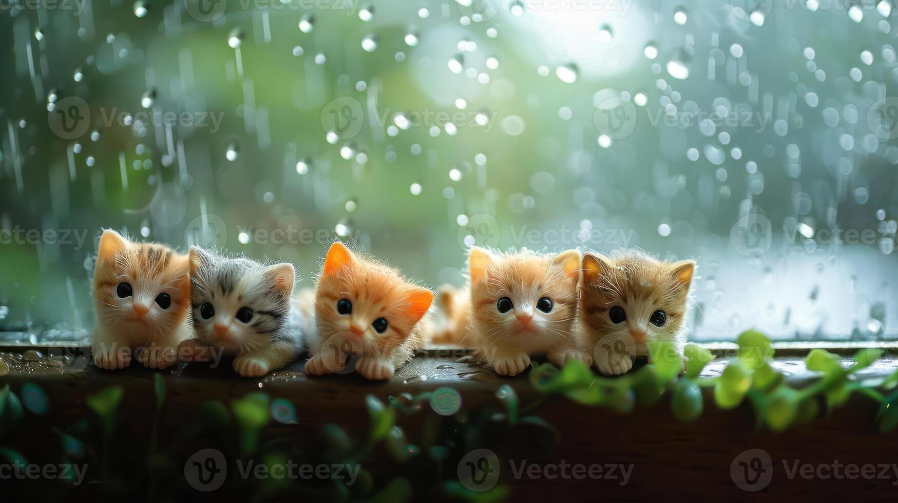 Five adorable kittens sitting on a windowsill during a rainy day, with raindrops on the glass photo