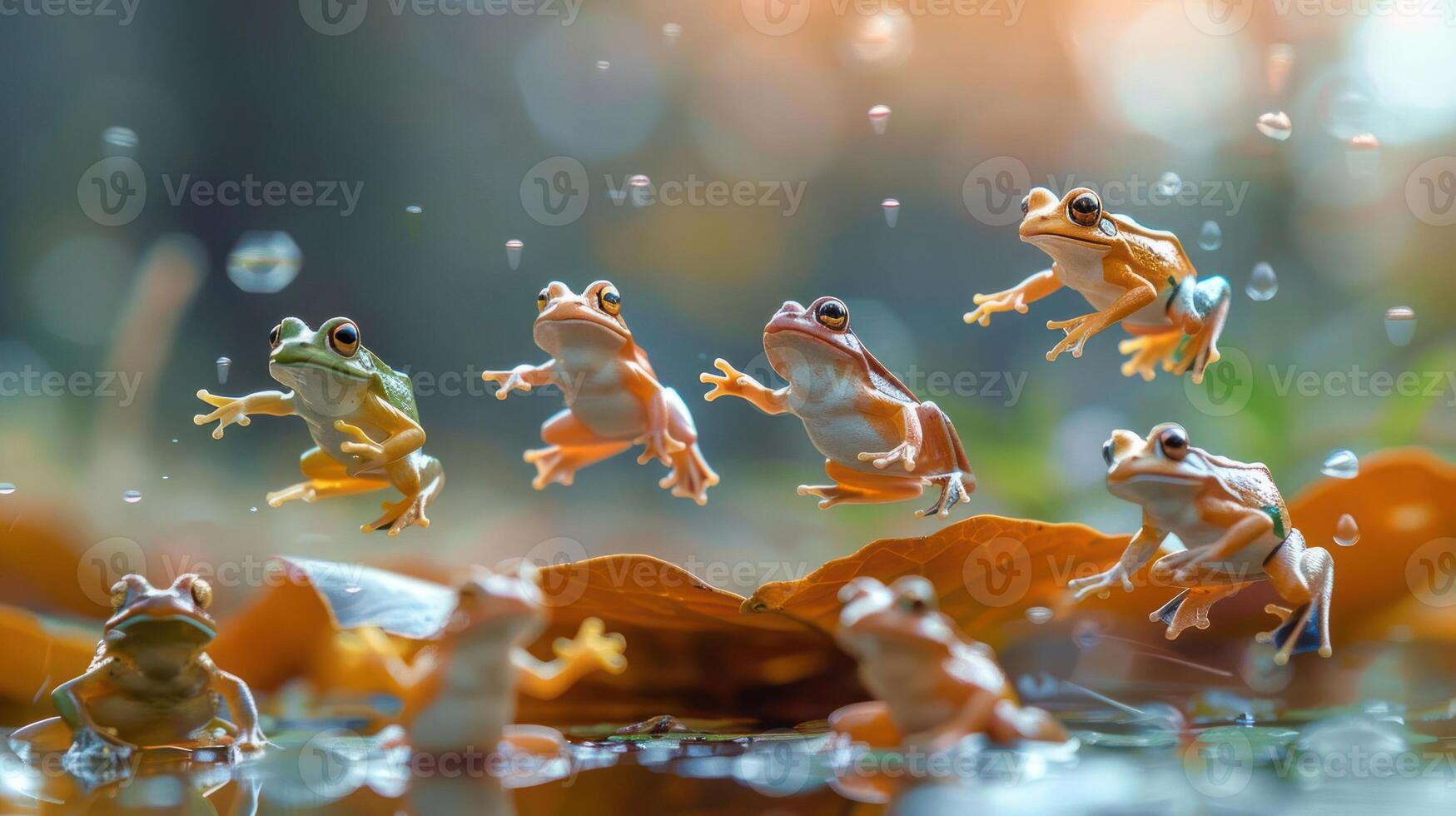 A vibrant scene of frogs leaping joyfully above a pond surrounded by autumn leaves and droplets photo