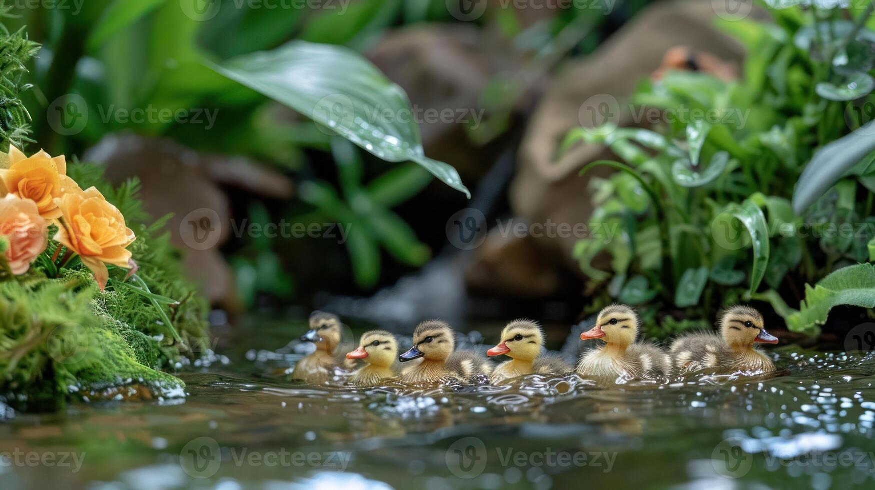 A serene scene of ducklings swimming in a lush, green pond surrounded by vibrant flowers photo