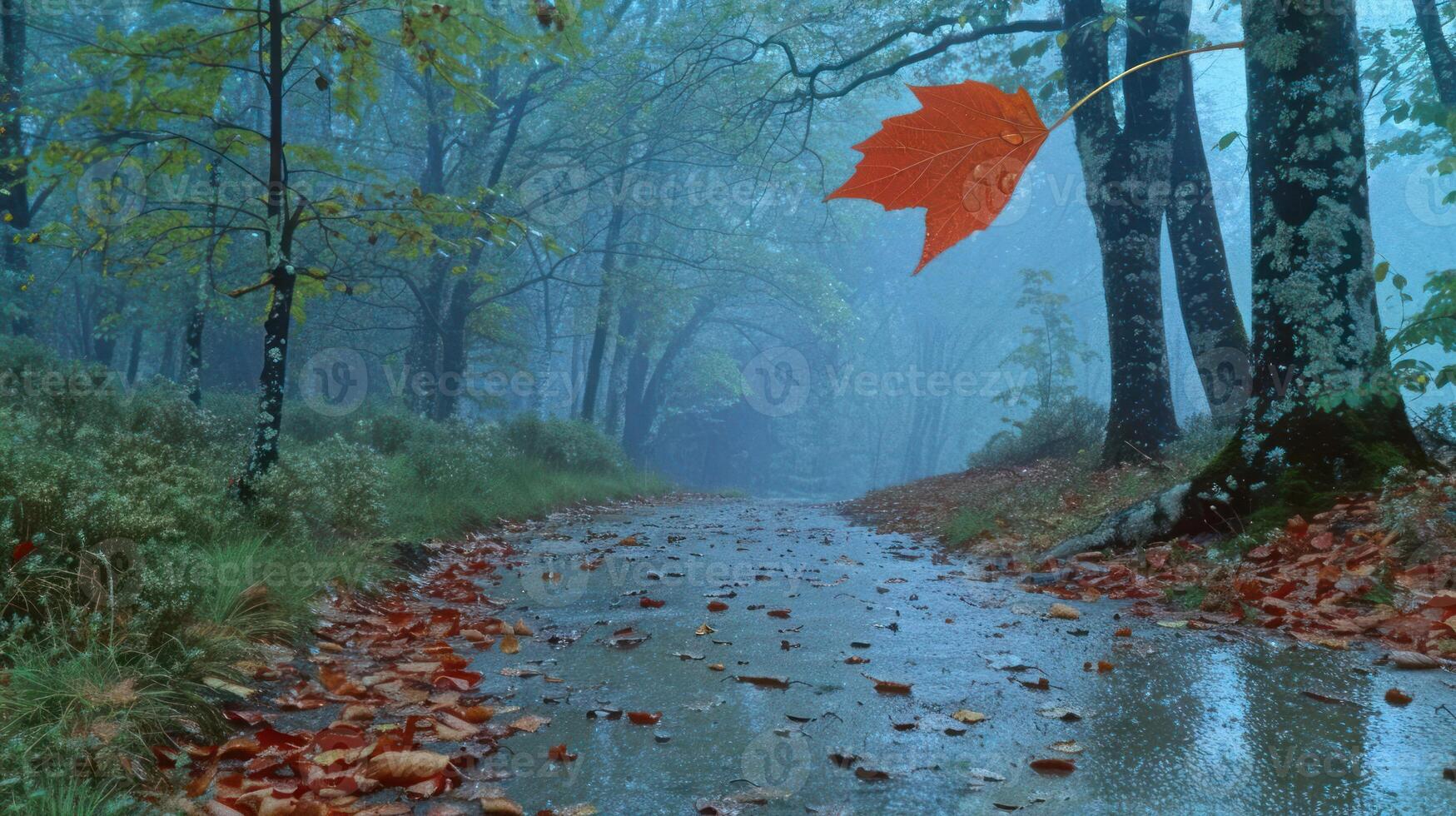 Tranquil autumn scene with a vibrant red leaf on a misty forest path surrounded by fallen leaves photo