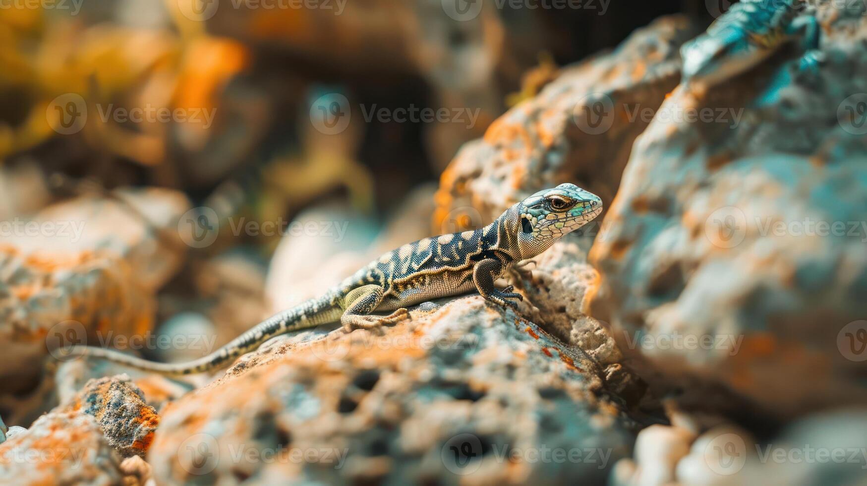 A vibrant lizard resting on a rocky surface amidst natural greenery and soft sunlight photo