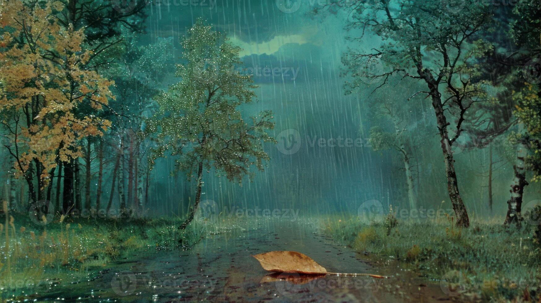 Serene Rainy Landscape with Leaf on Wet Path Surrounded by Lush Trees and Dramatic Sky photo