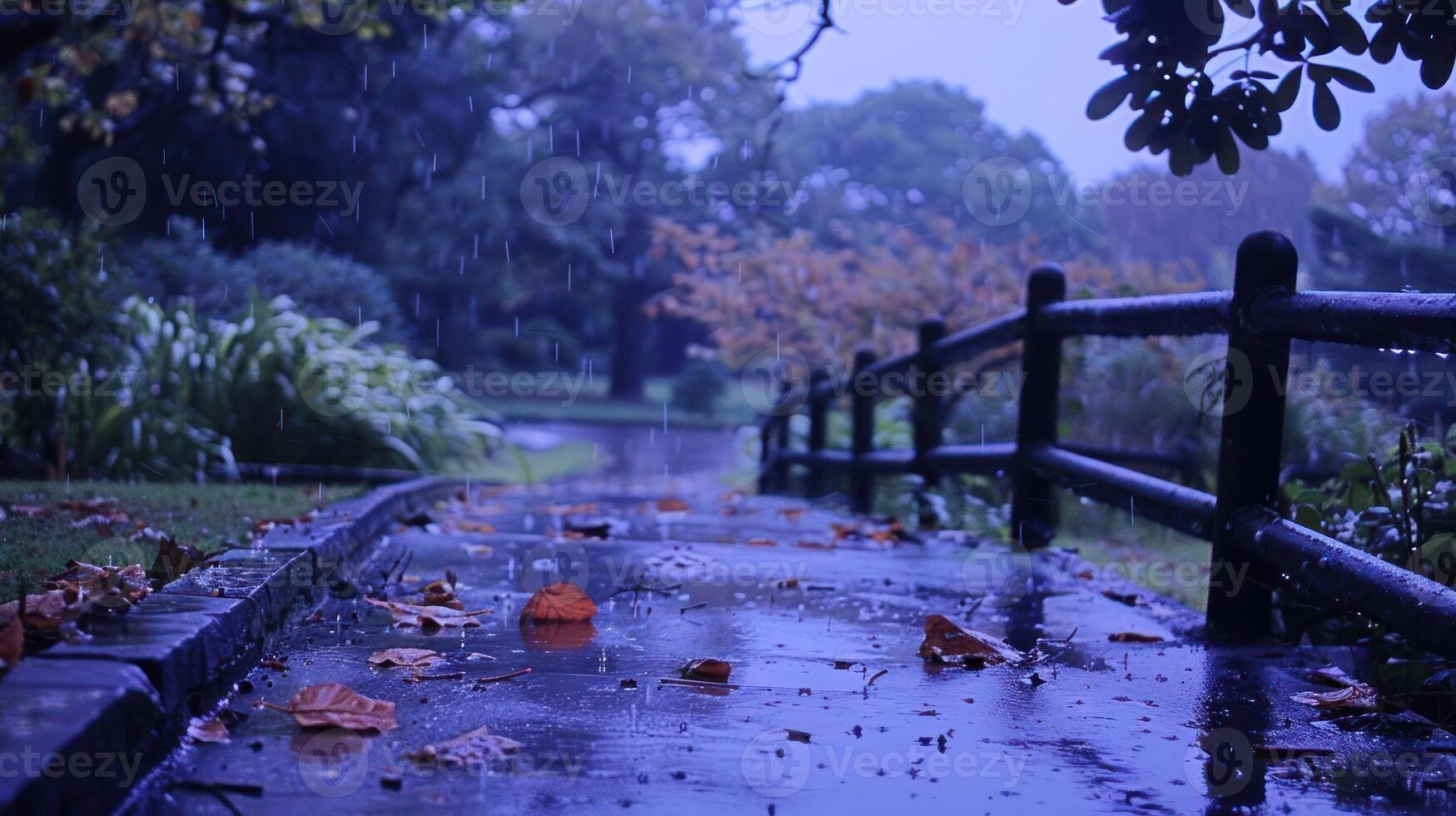 Serene rain-soaked pathway in a lush garden, with vibrant autumn leaves and gentle rain photo