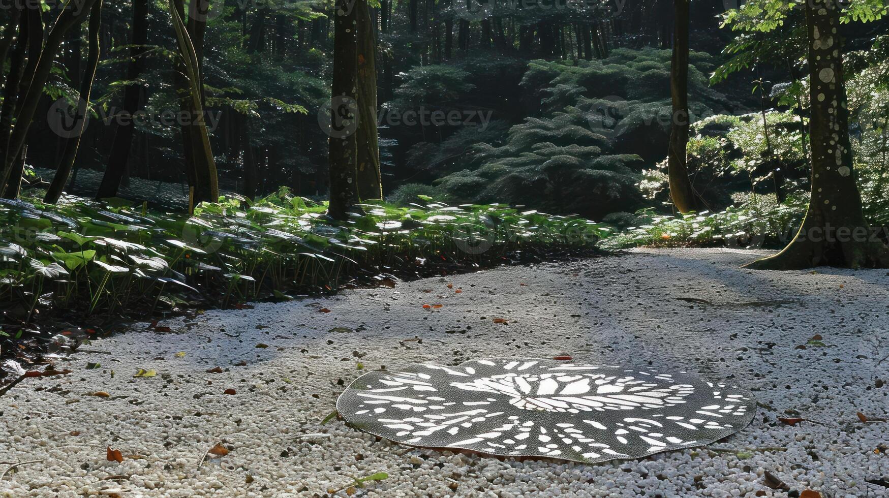 Serene forest path with decorative circular metal art surrounded by lush greenery and sunlight photo