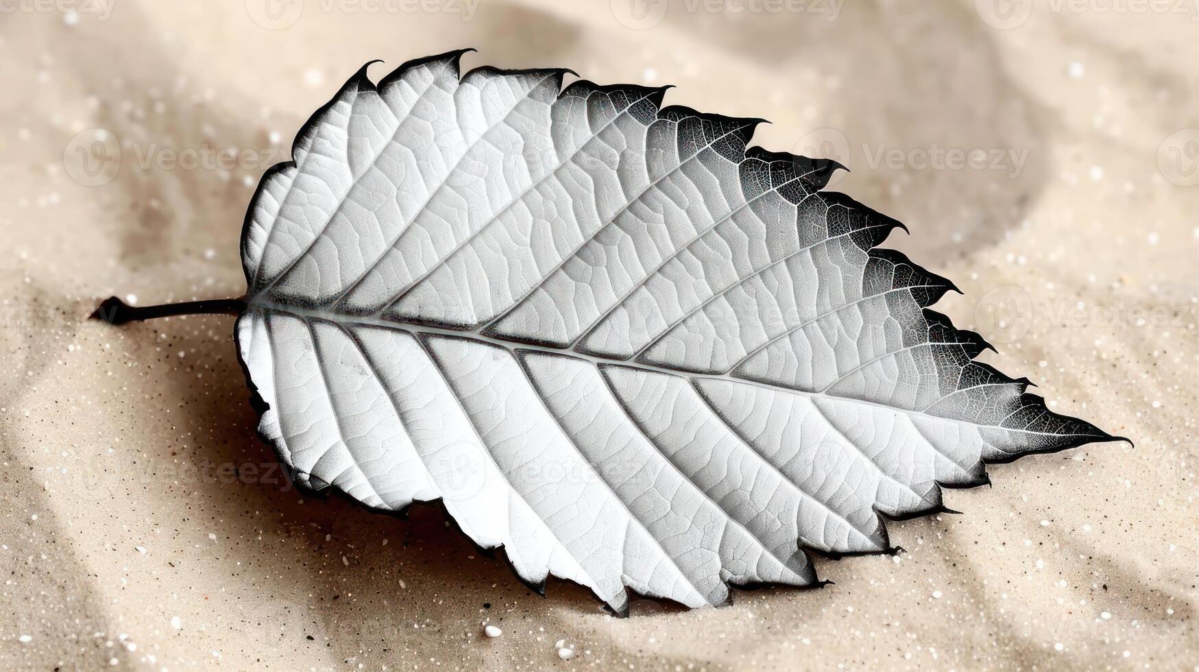 A detailed close-up of a white leaf resting on sandy ground with soft lighting, showcasing texture photo