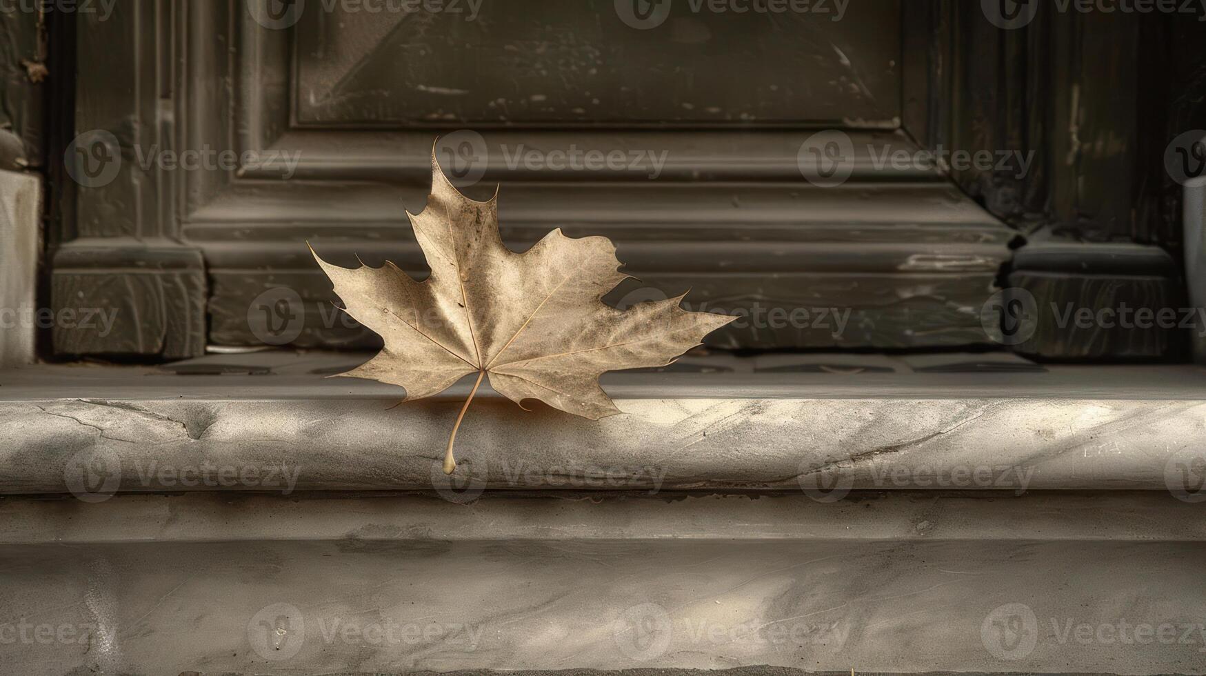 A solitary dried maple leaf resting on a marble ledge near an ornate door in an autumn setting photo
